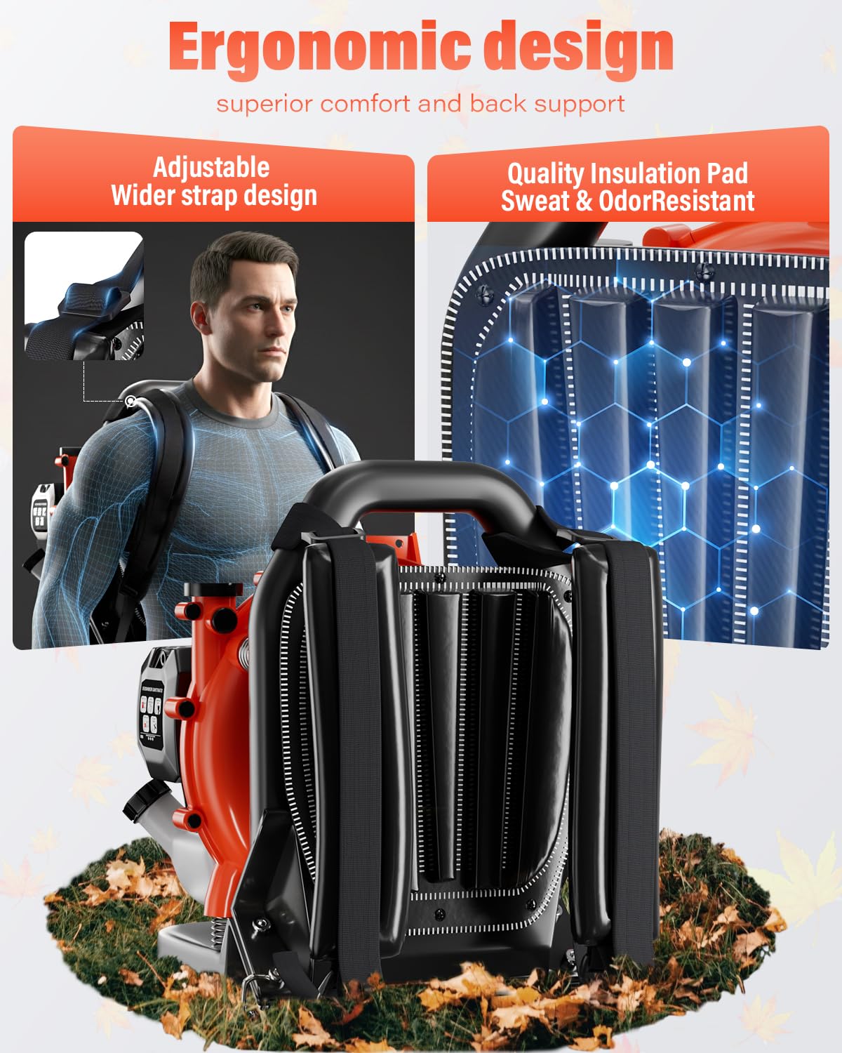 Relxxon Gas Powered Backpack Leaf Blower - 52cc 2-Stroke Engine, 200 MPH 550 CFM Heavy Duty Lawn Care Tool for Debris & Snow - 17.2lb Ultralight Design - 40oz Fuel Tank (Orange)