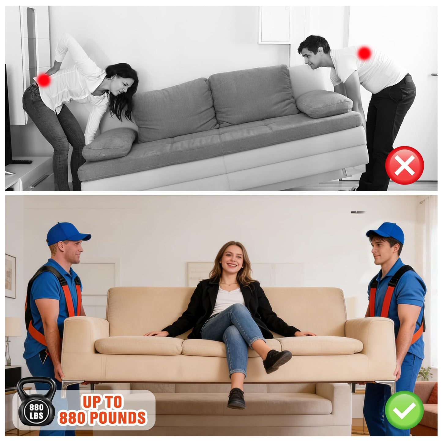 Moving Straps 2-Person Lifting and Moving System Transporting Heavy Objects up to 880lbs Efficiently Safely Suitable for Lifting and Transporting Wardrobes Sofas Furniture (Orange-Red, Standard)