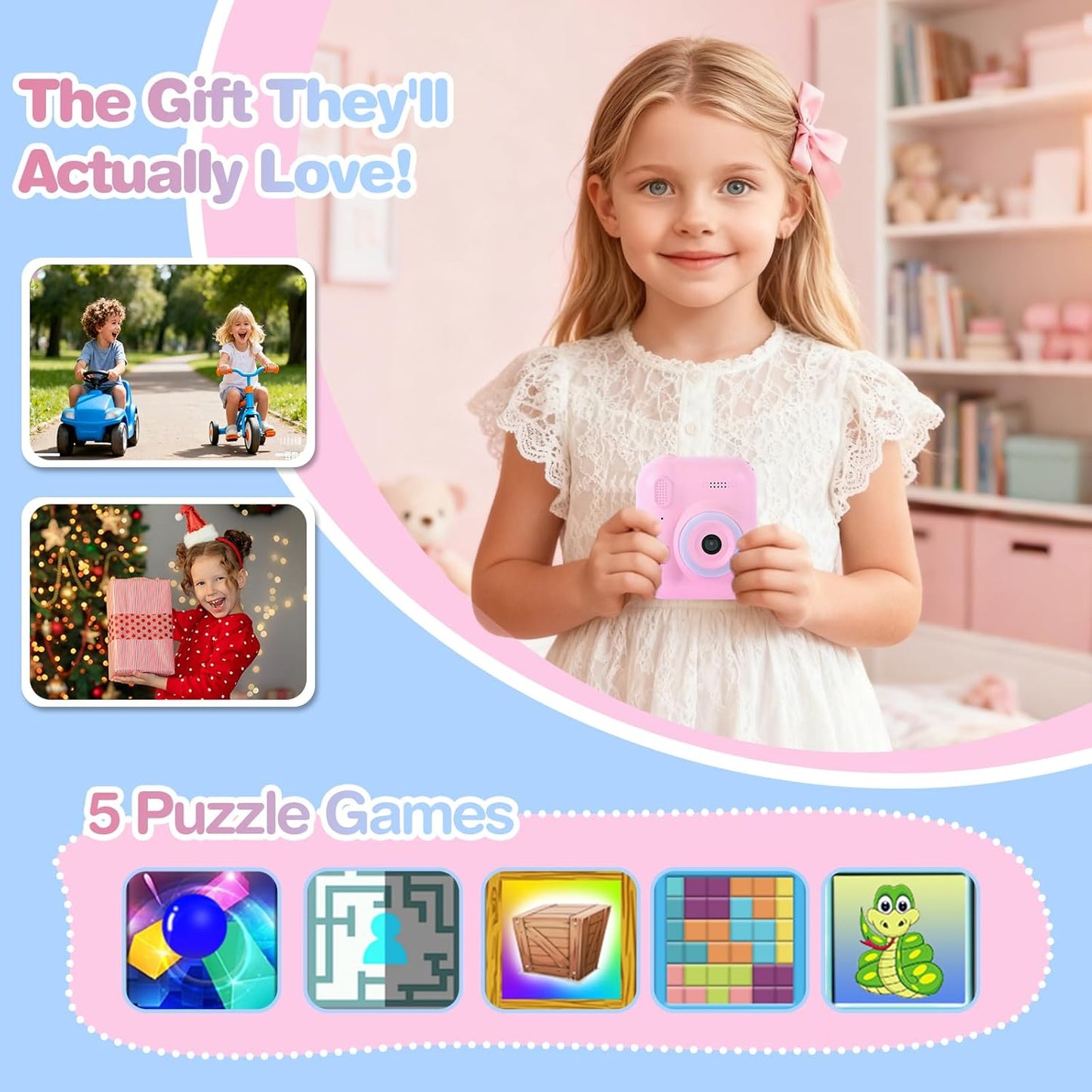 QMWLABS 1080P 32GB MP3 3-12 Kids Camera Instant Print Digital Camera with Thermal Paper, HD Video, Selfie Lens, SD