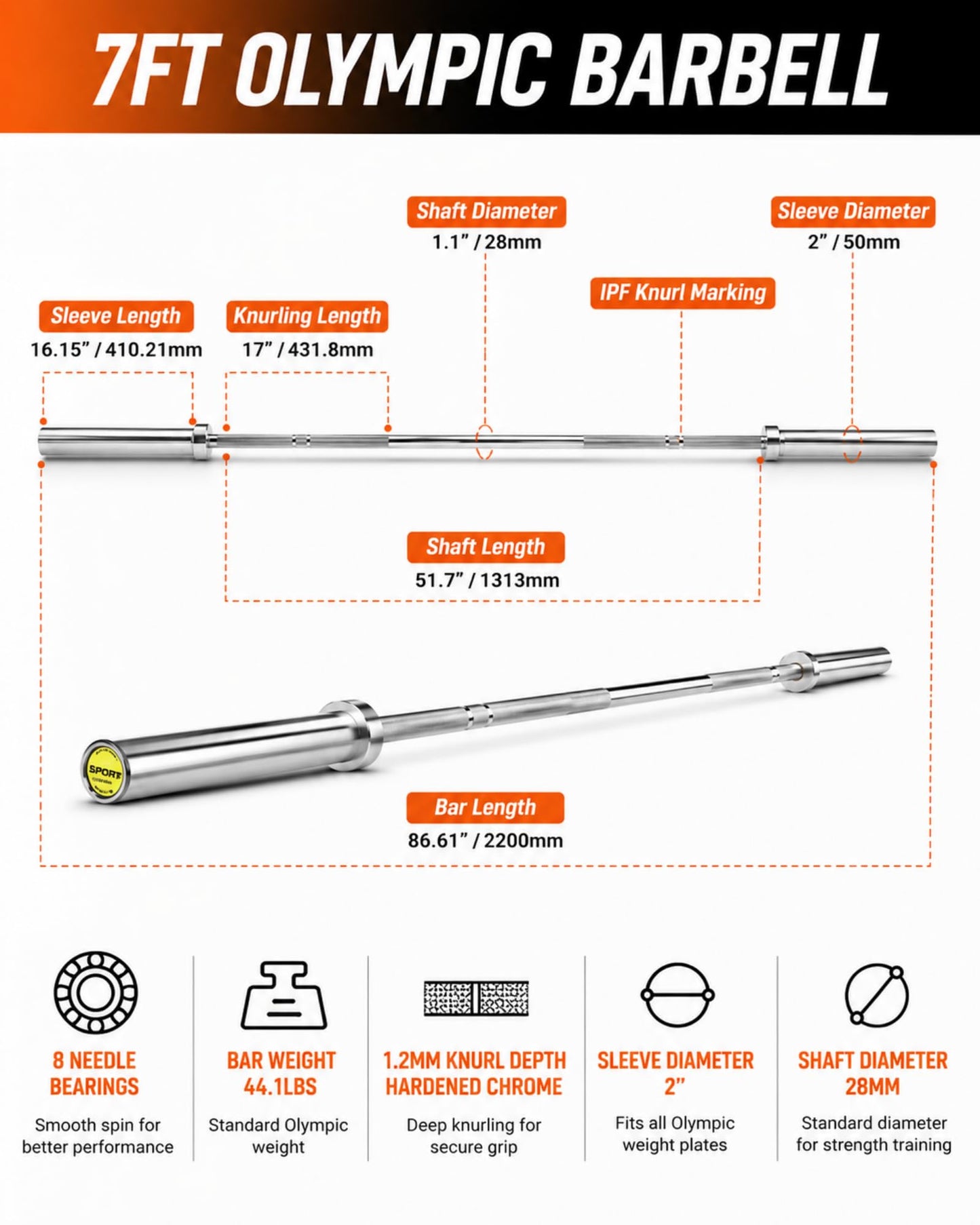 7ft Olympic Barbell 20kg/44Lbs, 1000LB Weight Capacity, 190K PSI High Tensile Strength Weightlifting Bar with 2-Inch Sleeves & 8 Needle Bearings for Home Gym Strength Training