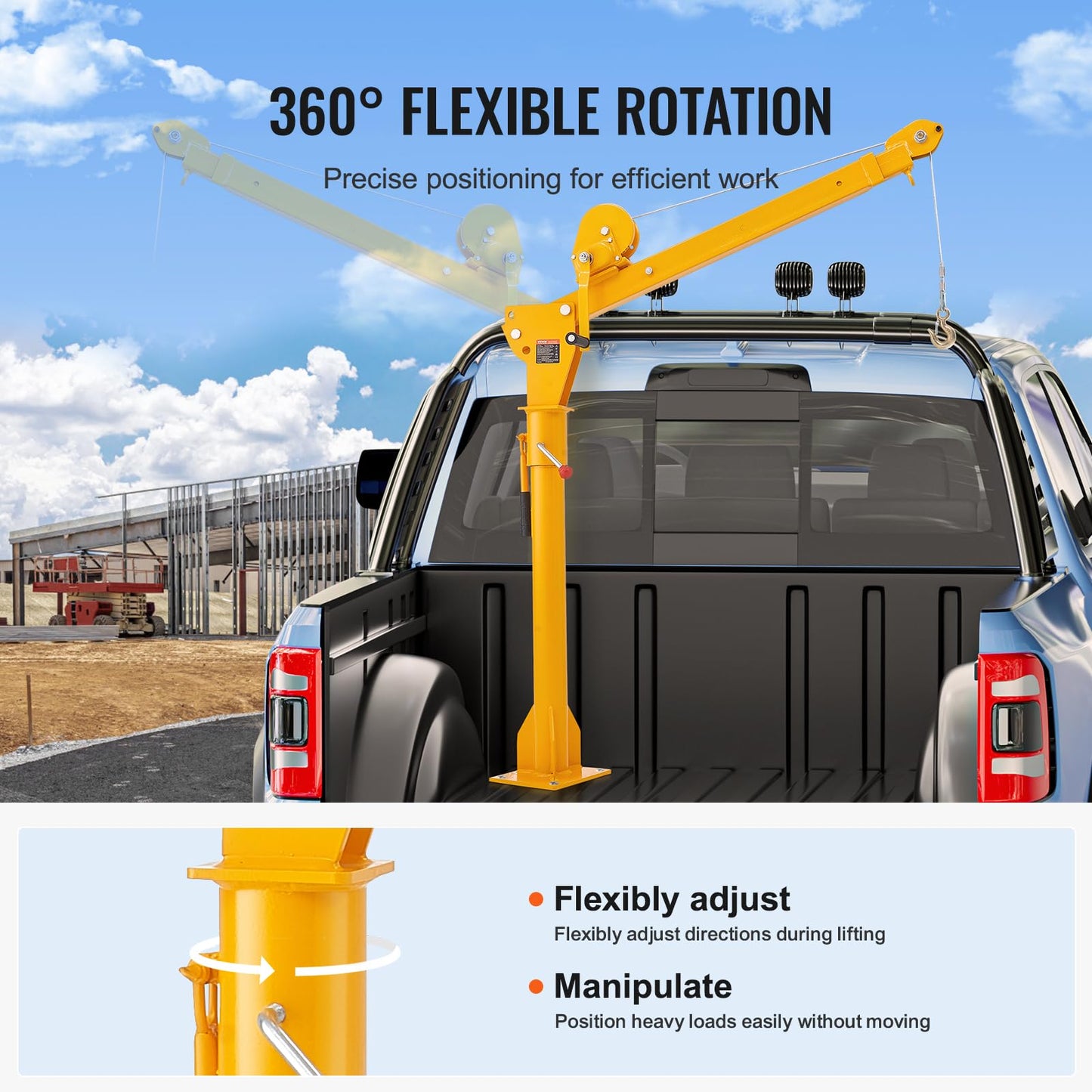 VEVOR Pickup Truck Crane with 1100 lbs Manual Winch, Folding Truck-Mounted Bed Crane, Steel Pickup Truck Jib Crane Hoist 360° Swivel for Lifting Goods in Construction, Factory