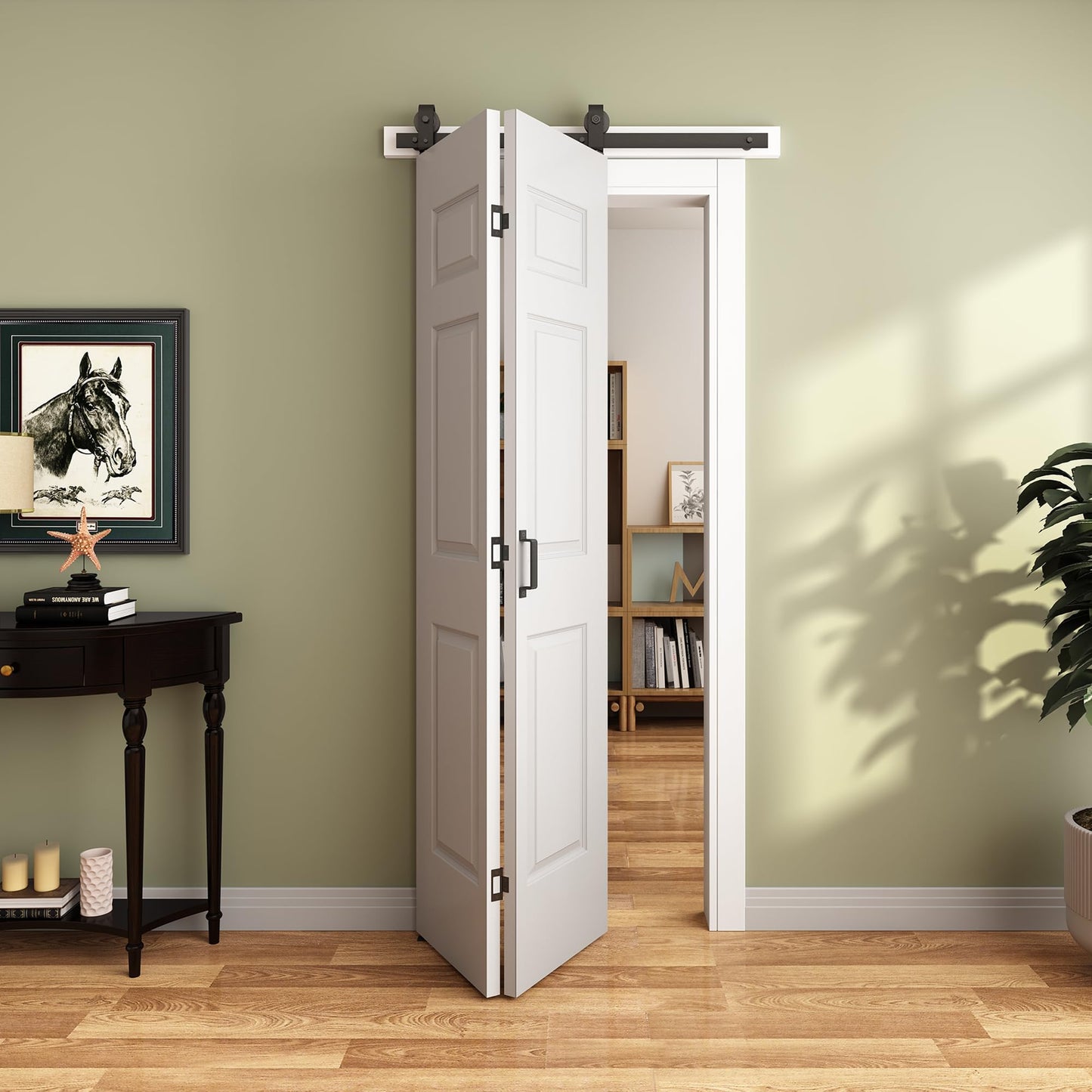 JUBEST 36"x 84" Bifold Barn Door, 6 Panel Bifold Sliding Barn Doors with 3.3FT Hardware Kit Included, Primed Doors Surface, Hollow-core & MDF Molded Panel, Double 18" x 84" Door Panels, DIY Available