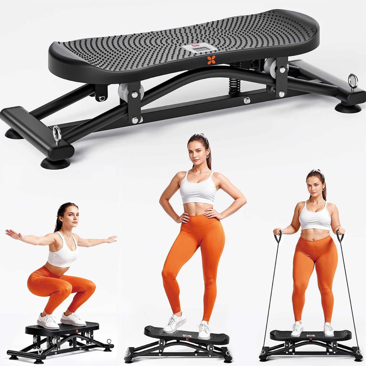 Balance Board for Adults, Rocking Stepper with Resistance Bands, Portable Wobble Board with LCD Monitor, 300 lbs Capacity Ski Trainer for Full Body Workout at Home Gym (Black)