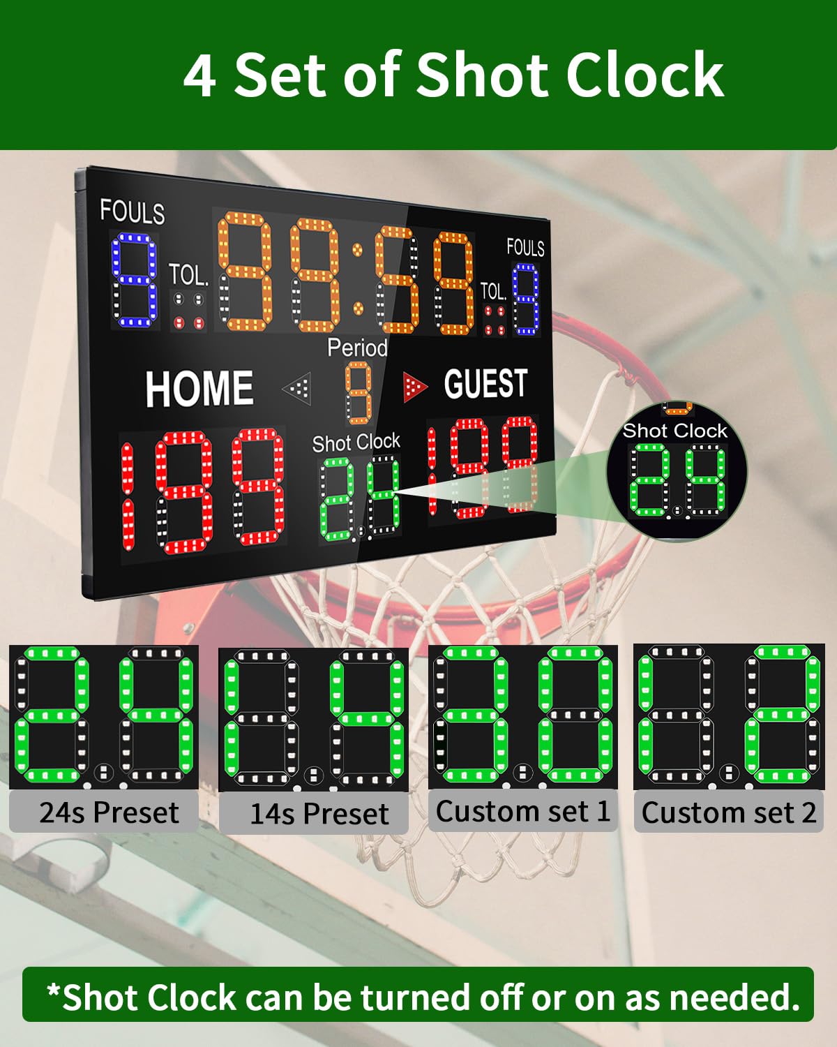 LUCKY TIME Basketball Scoreboard with Shot Clock, 12/14/24/30/25/60 Seconds, Upgraded Thickening Digital Scoreboard with Panel and Remote, Battery Powered Electronic Scoreboard for Indoor Outdoor