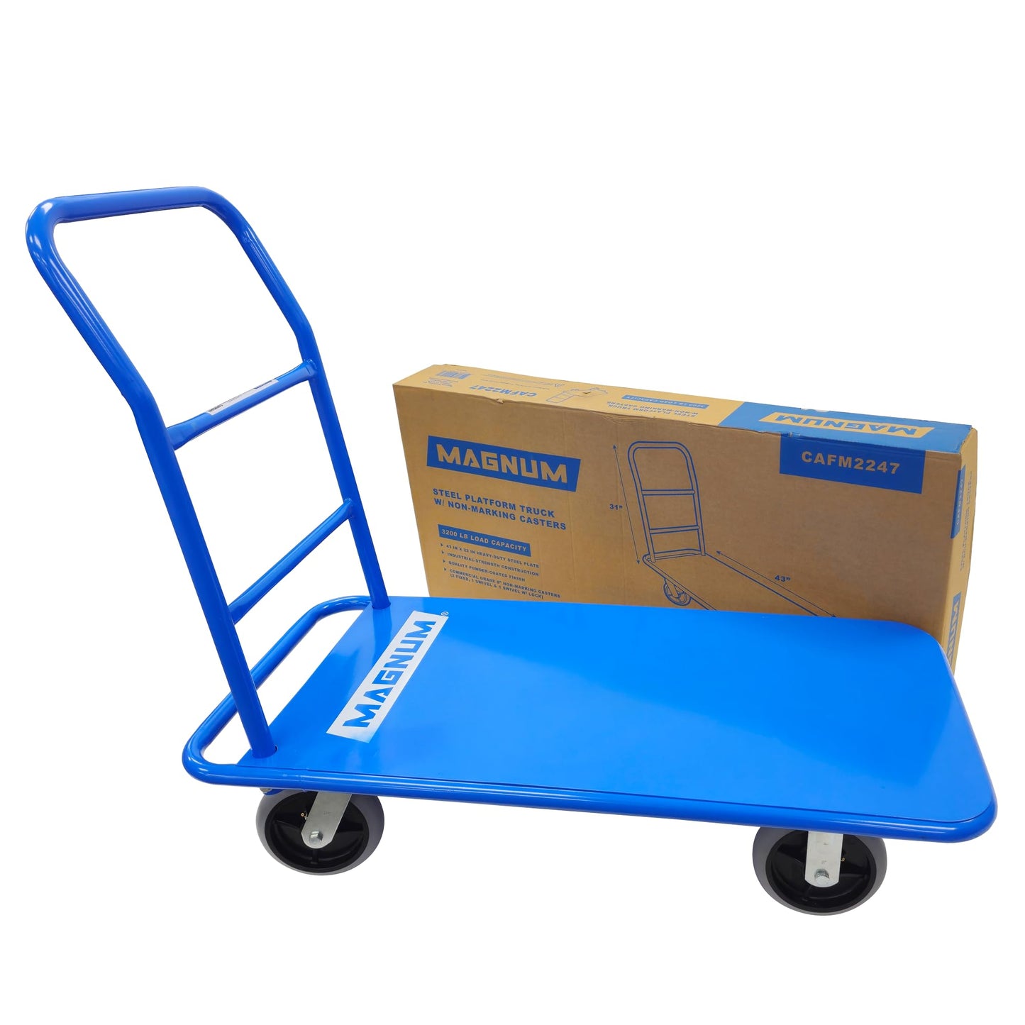 MAGNUM Steel Platform Truck, 43 x 22 Flatbed Cart with Non Marking Casters, 3200 Pound Heavy Duty Cart, Powder Coated Push Cart Dolly, Swivel & Locking Caster Flat Cart, Platform Hand Truck (CAFM2247)