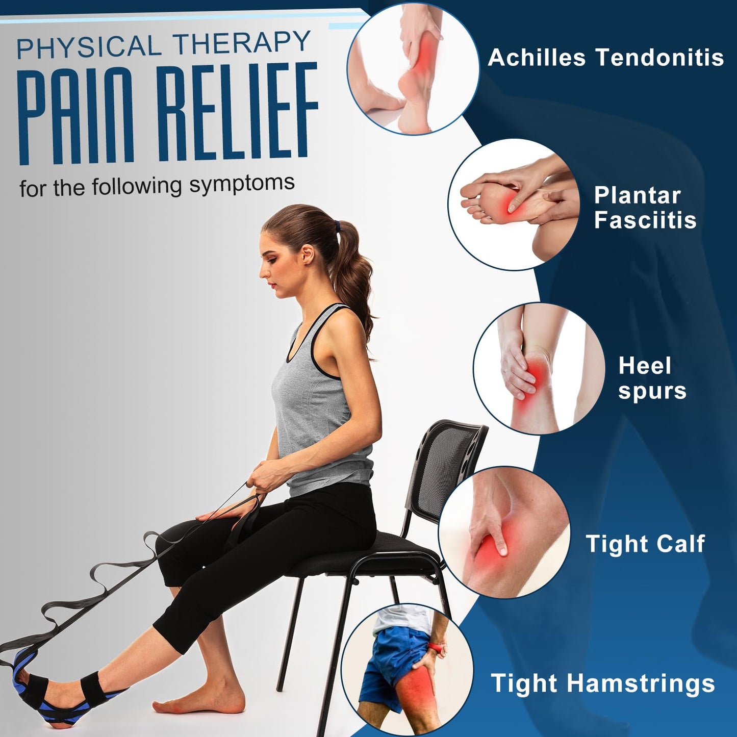 Foot and Calf Stretcher for Plantar Fasciitis, Achilles Tendonitis, Heel Spurs, Drop Foot. Yoga Stretching Strap for Leg, Thigh and Hamstring (Blue)