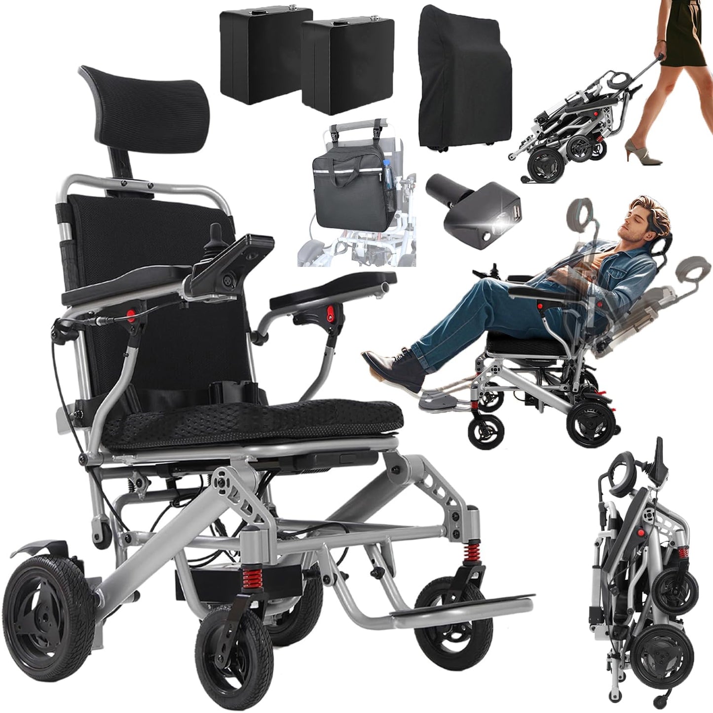 Reclining Electric Wheelchair for Adults, 30+ Miles Long Travel Range All Terrain Power Wheelchair with 2 Li-ion Battery, Lightweight Foldable Motorized Wheel Chair for Seniors, with Telescopic Handle