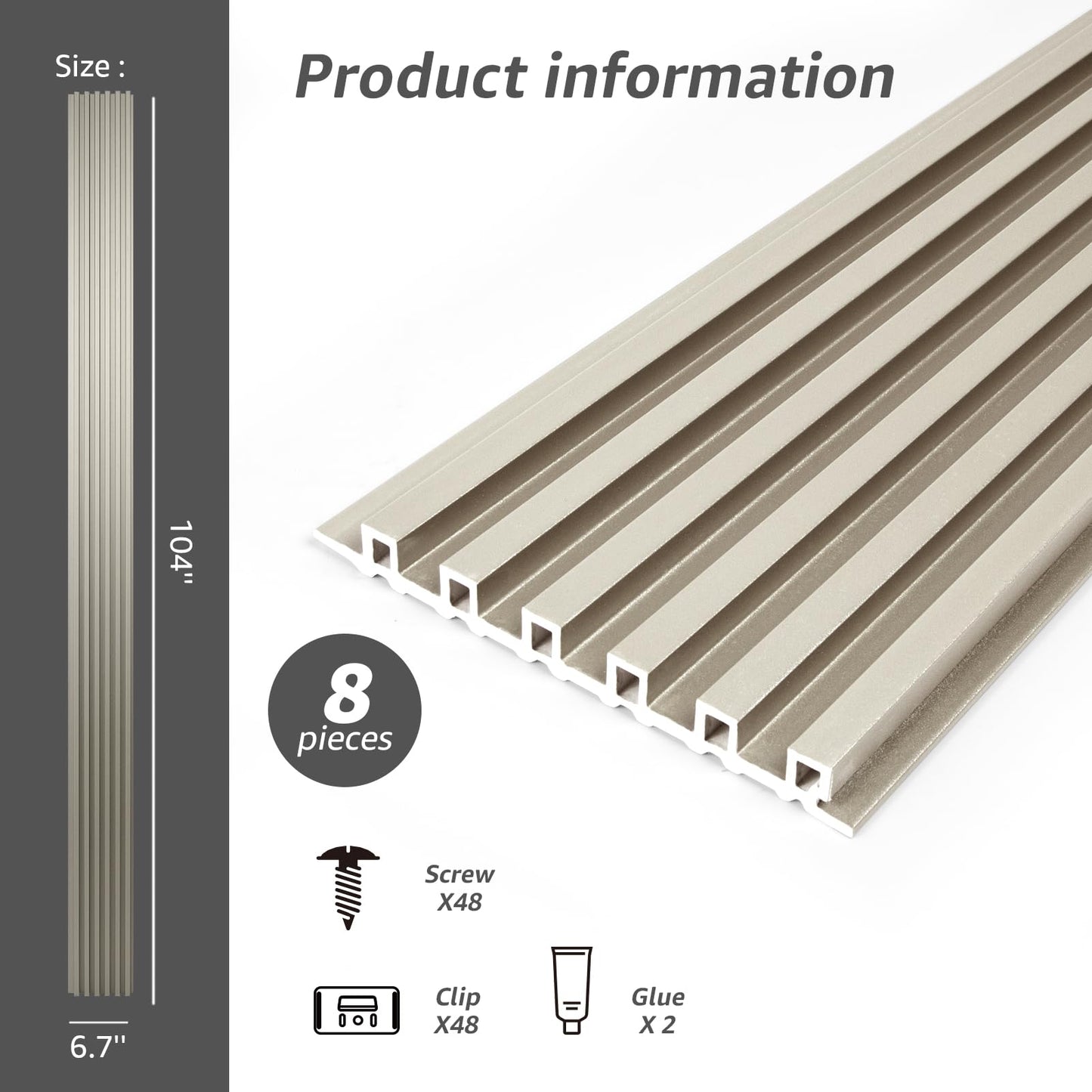 Art3dwallpanels Slat Wall Paneling, 104'' x 6.7'' Glossy Metal Finish WPC Soundproof 3D Wall Panels for Interior Wall Decor, 8 Pack Fluted Textured Panel Wall Slats, Champagne Silver