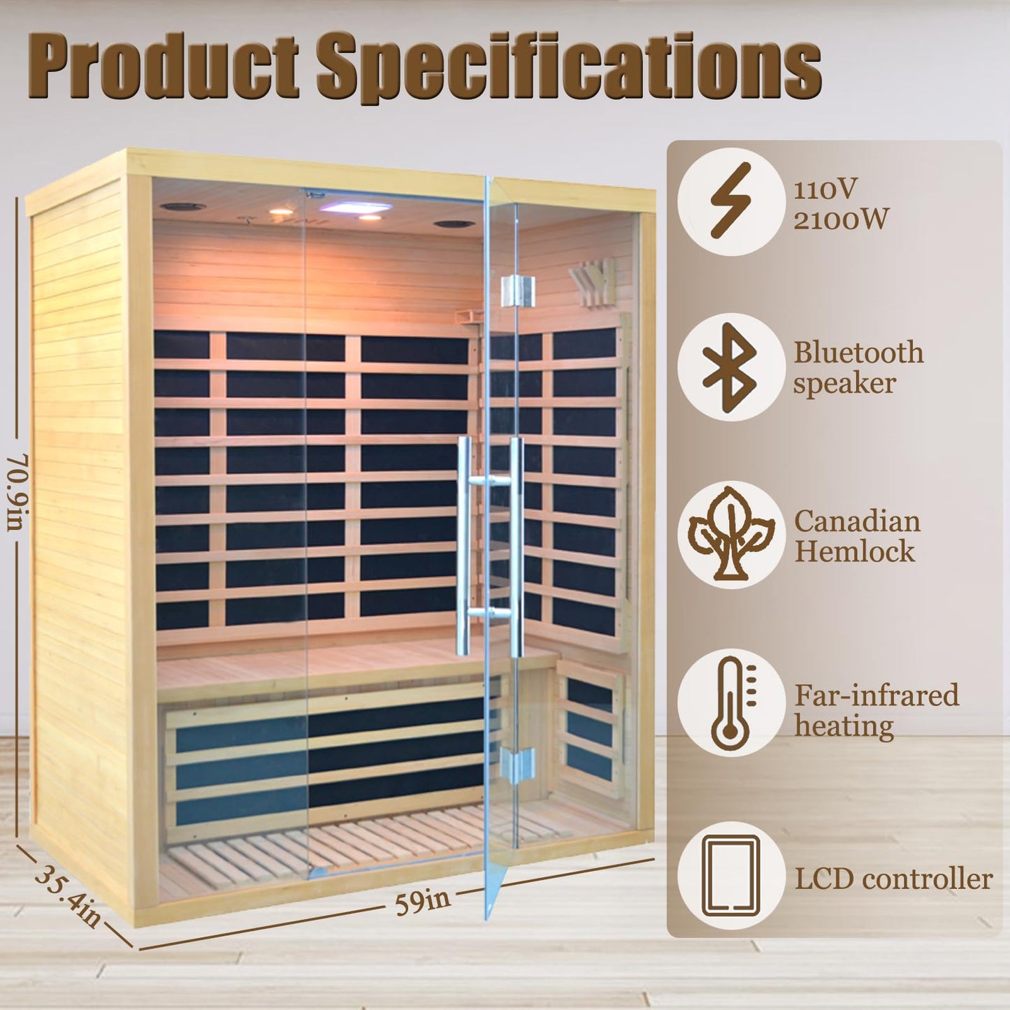 Homsido 2-3 Person Indoor Infrared Sauna, 11 Low EMF Far Infrared Carbon Panel Hemlock Wood Sauna Room Indoor Home Sauna with Tempered Glass Door,Bluetooth Speakers, Chromotherapy Lights(110V, 2100W)
