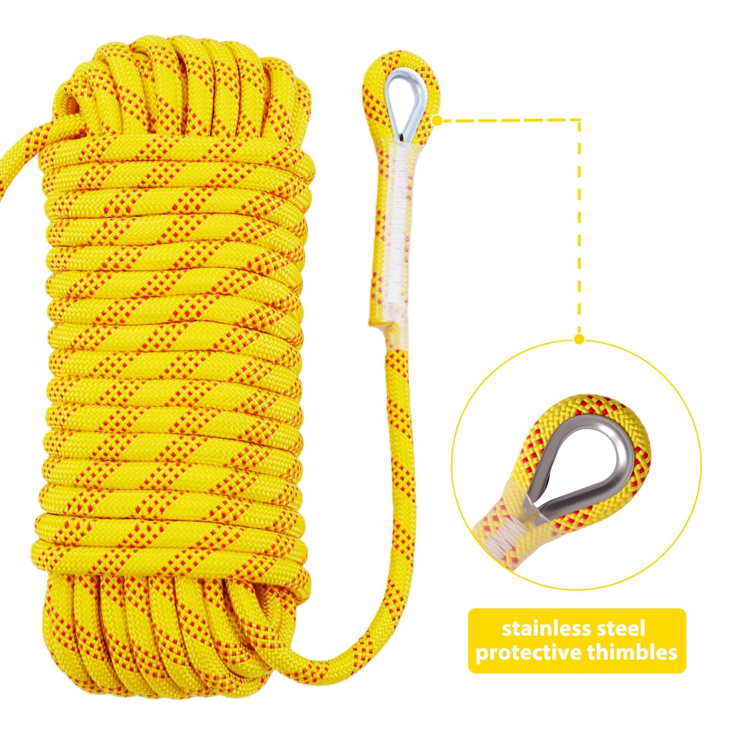 Vandham Static Climbing Rope - 12mm High Strength Arborist Rope 32FT for Outdoor Rappelling, Swing, Rigging, Tree Work, Camping - Yellow
