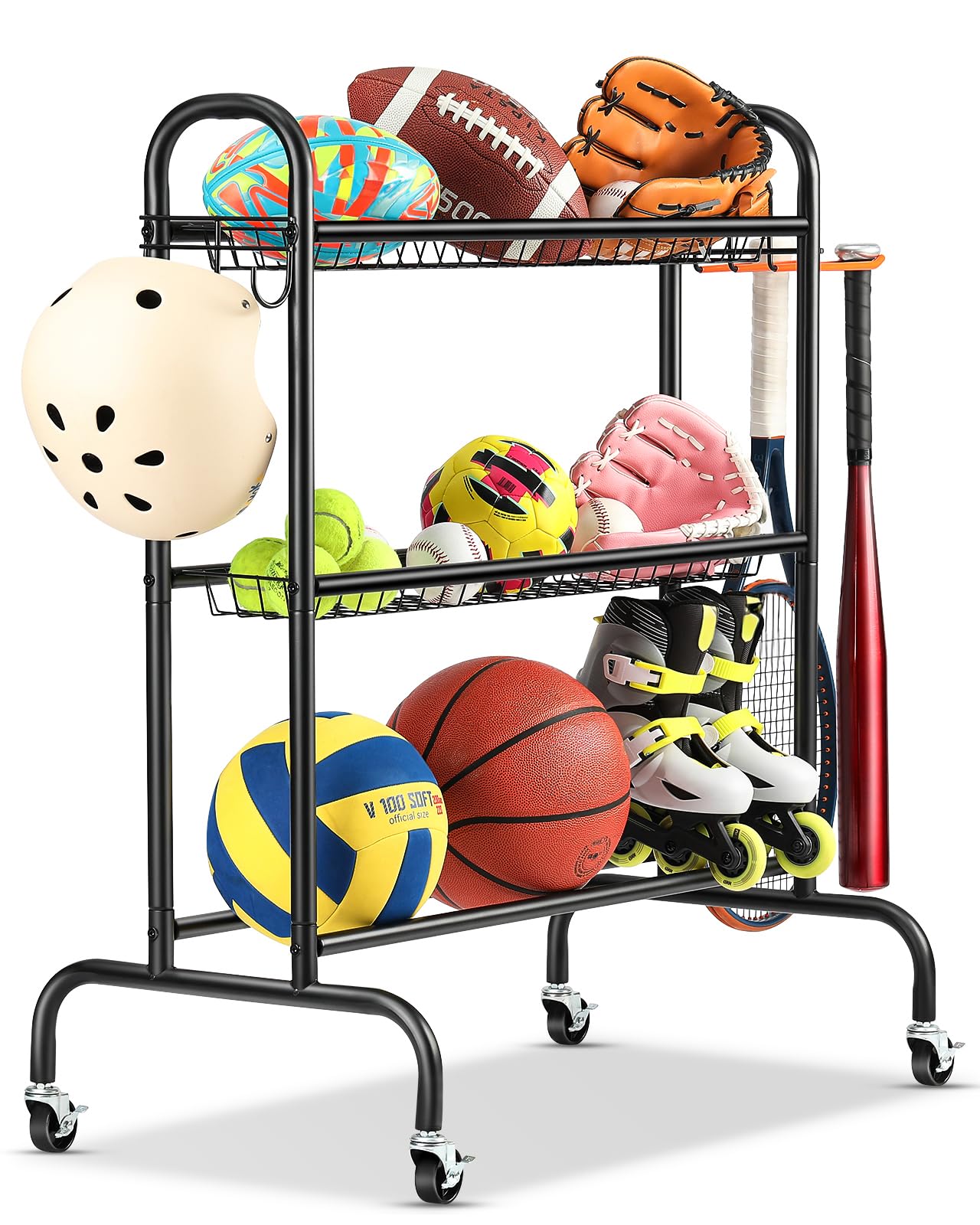 EXTCCT Basketball Racks for Balls, 3-Layer Small Ball Rack Ball Storage For Garage, Outdoor Rolling Ball Cart with Wheels, Two Basket for Basketballs Footballs Volleyball