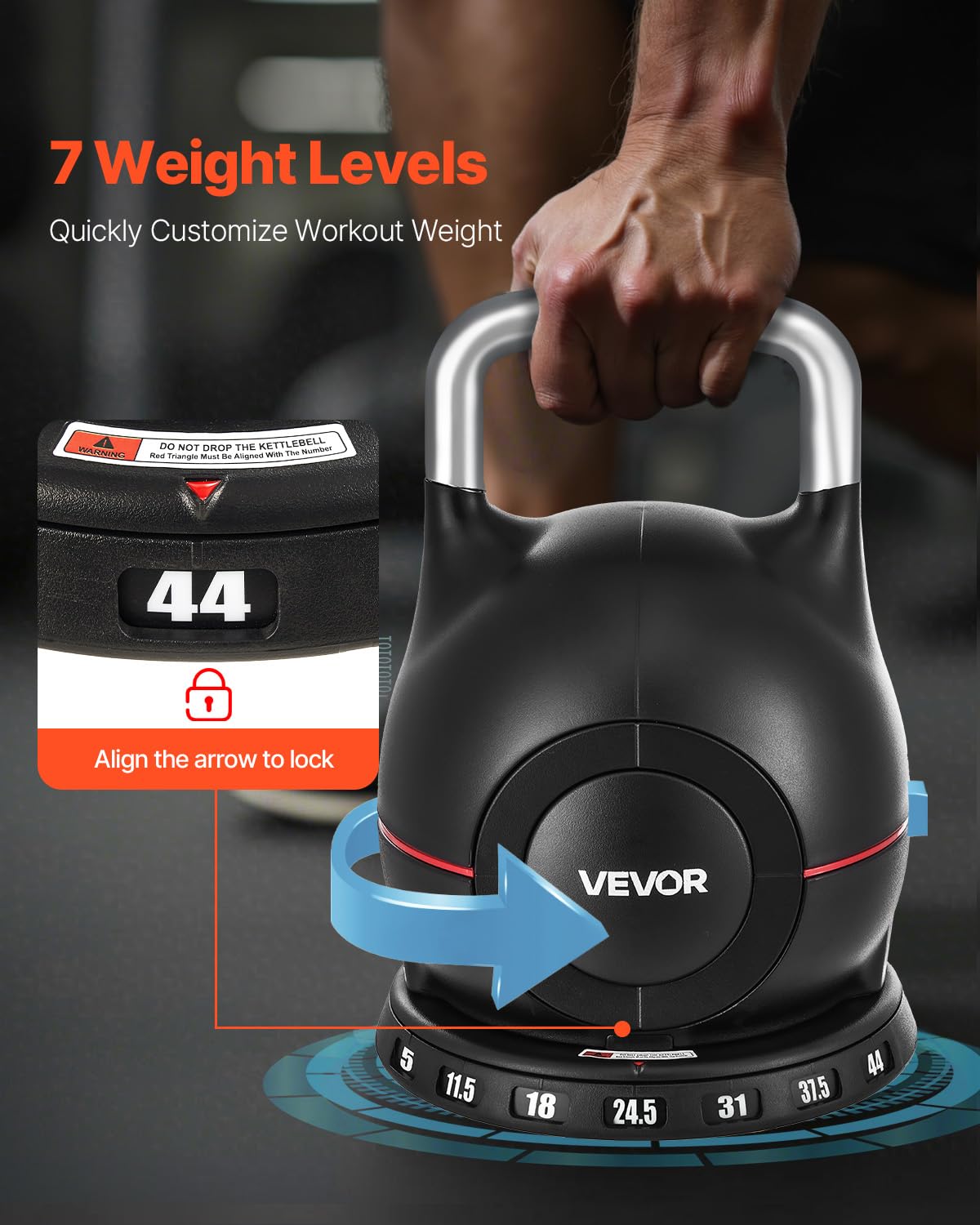 VEVOR Kettlebell, Adjustable Kettlebell with 7 Weight Levels (5, 11.5, 18, 24.5, 31, 37.5, 44 lbs), Die-Cast Aluminum and ABS Material, for Grip Strength Training, Full-body Workout & Cross-Training
