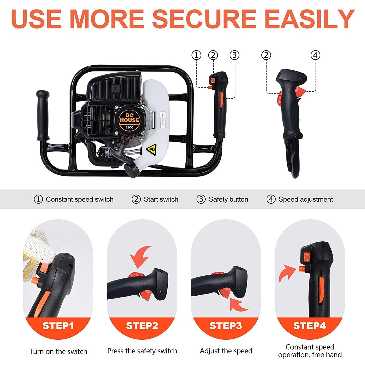 DC HOUSE 52cc 1800W Gas Powered Earth Auger EPA Certified Post Hole Digger, with 2 Drill Bits 6" 10", Mixing Ratio 30:1, for Fence, Farmland and Garden