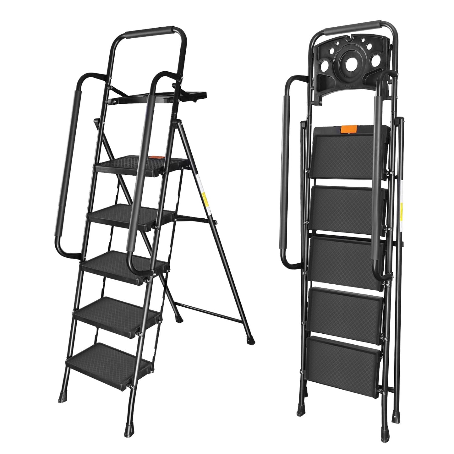 Valeo 5 Step Ladder with Handrails,500 Lbs Capacity,Folding Step Stool Ladder with Tool Platform,Wide Anti-Slip Pedal,Step Ladder 5 Step Folding,Multi-use for Home,Kitchen,Office,Black