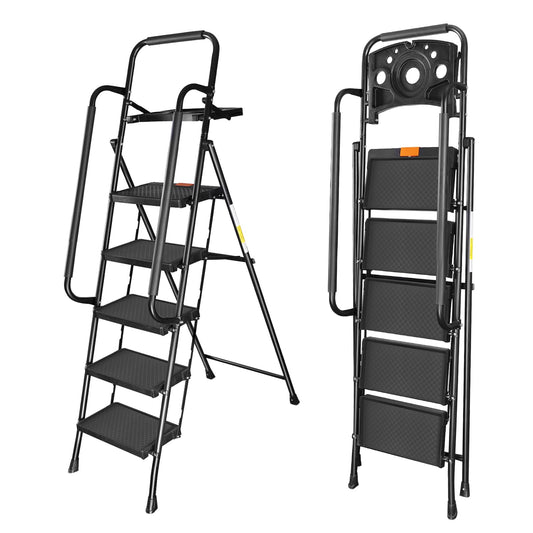 Valeo 5 Step Ladder with Handrails,500 Lbs Capacity,Folding Step Stool Ladder with Tool Platform,Wide Anti-Slip Pedal,Step Ladder 5 Step Folding,Multi-use for Home,Kitchen,Office,Black