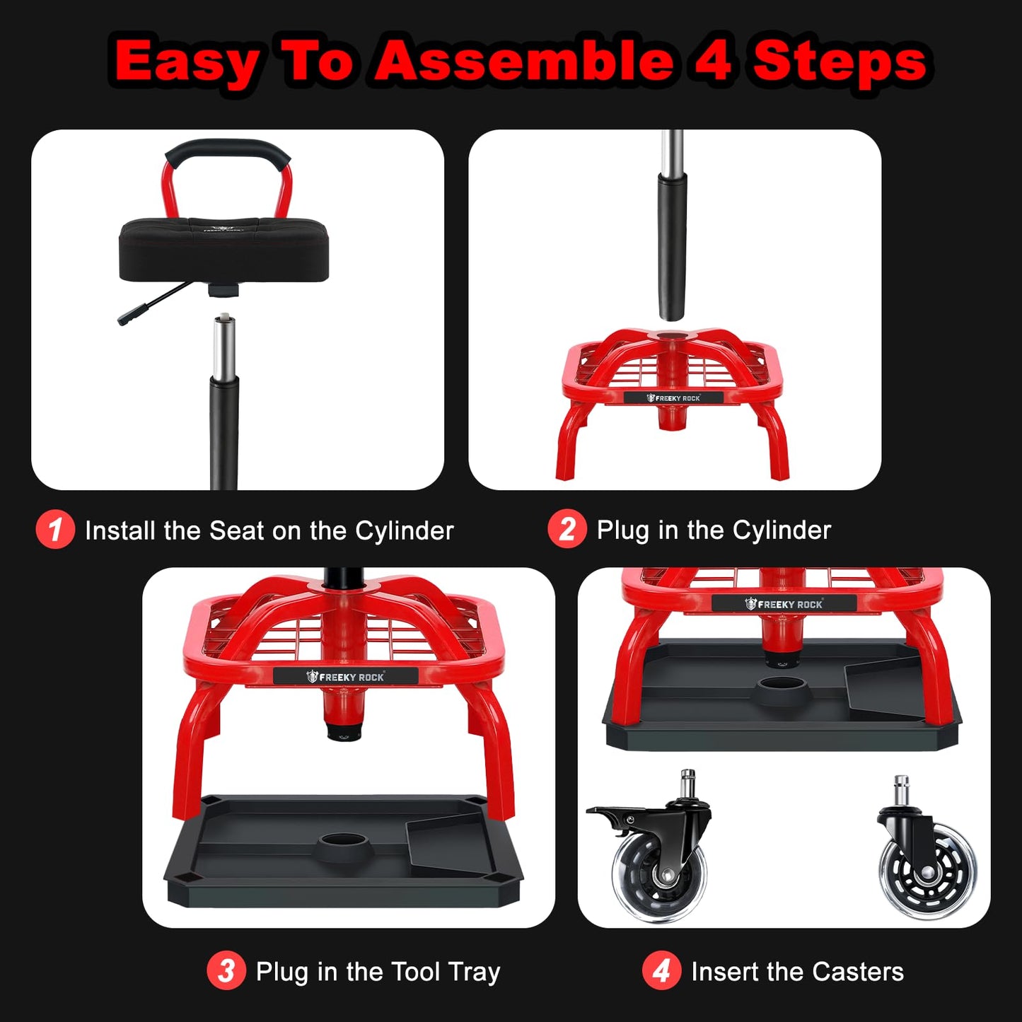 FREEKYROCK Rolling Shop Stool with Wheels, Garage Mechanic Shop Chair with Handle Backrest, Adjustable Height Work Stool, Roller Seat with Tool Tray Storage, Heavy Duty, 330 LBS Capacity, Red
