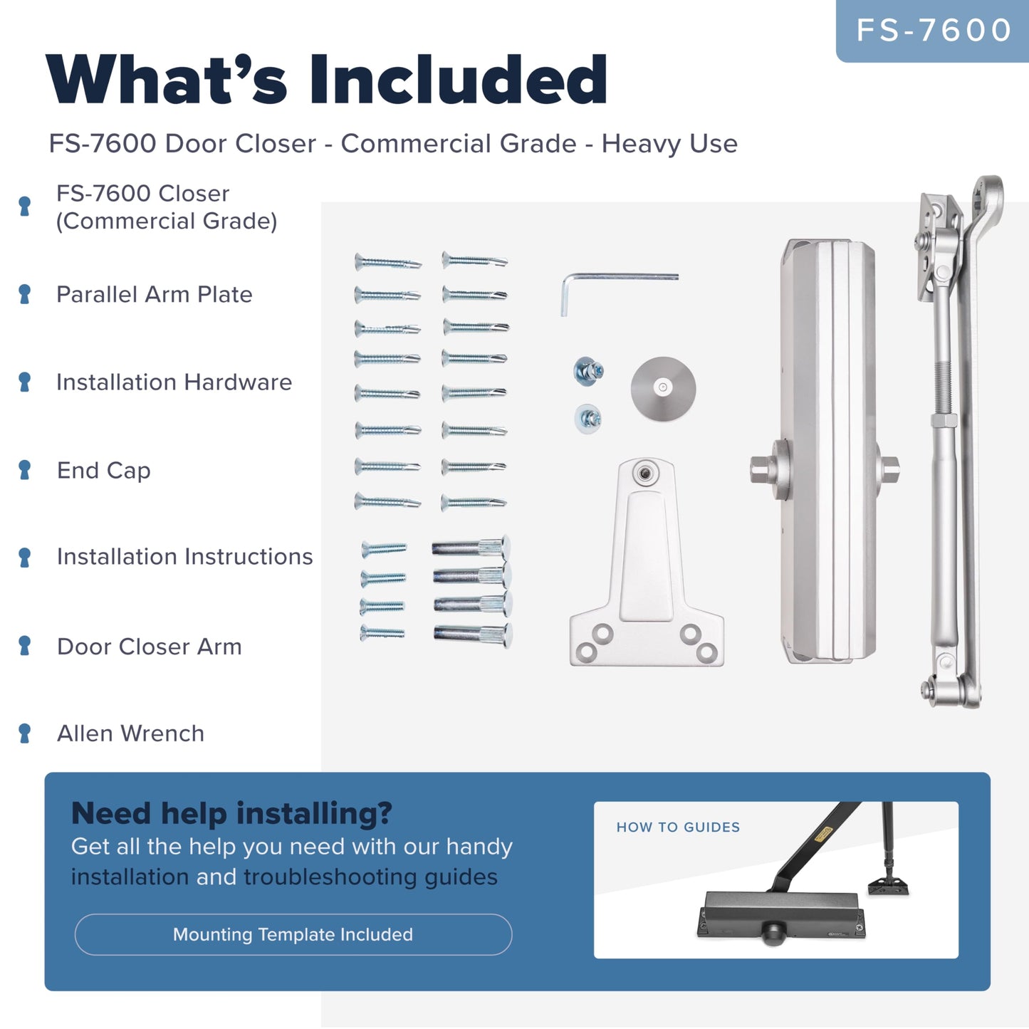 Commercial Door Closer – Heavy Duty Grade 1 Automatic Door Closer for Commercial Use - Auto Hydraulic Spring Hinge - FS-7600 UL & ADA ANSI A156.4 Door Closers Spring Closure Arm Self Closing