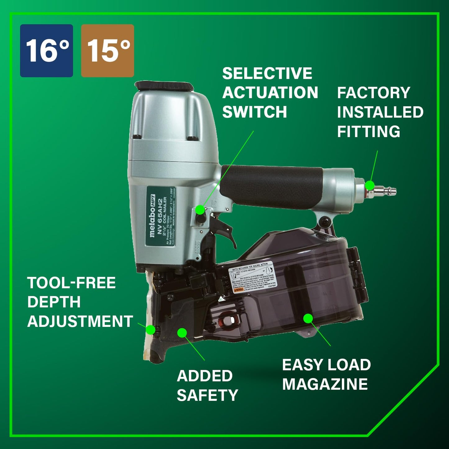 Metabo HPT Coil Siding Nailer, Pro-preferred Pneumatic Power Nailers in Siding Tools, For Sheathing, Decking & Fencing, 15° Plastic Collated Nails and 16° Wire Coil Nails, NV65AH2