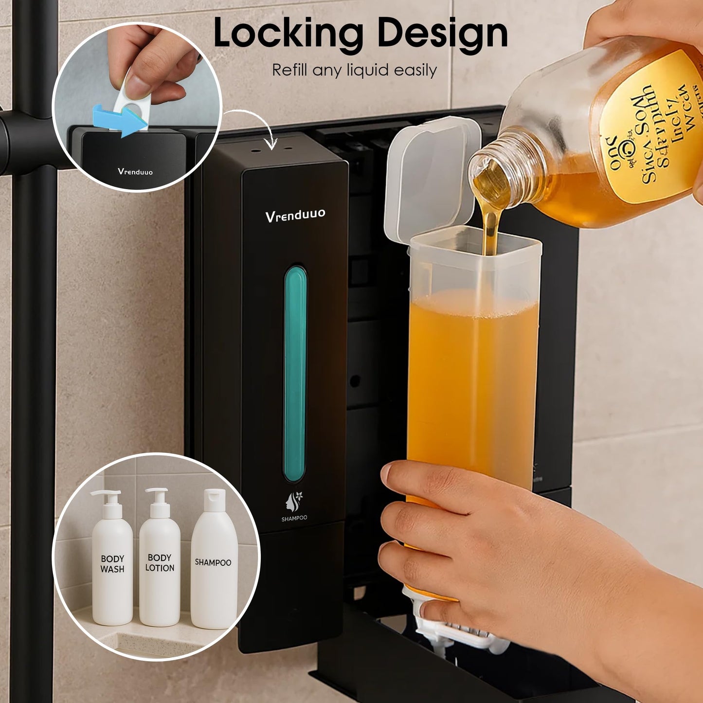 VrEnduuo Shampoo and Conditioner Dispenser,Shower Dispenser 3 Chamber No Drill,Shower Soap Dispenser Wall Mounted for Bathroom Hotel with Upgrade Pump Head,3 * 400ml(Black 3 Chamber)