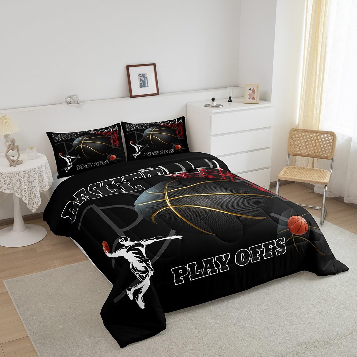 Basketball Room Bedding for Boys Sport Dunk Basketball Comforter Set Queen Size for Kids Teens, 3D Black Ball Printed Bedding Comforter Sets Sport Game Ball Theme Duvet Insert Basketball Player Quilt