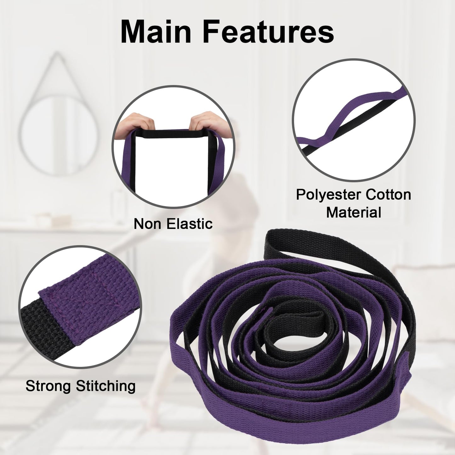 Amrules Yoga Strap for Stretching with 10 Loops Inelastic Soft Polyester Cotton Stretch Out Band for Exercise, Yoga, Pilates and Dance for Men and Women, Black