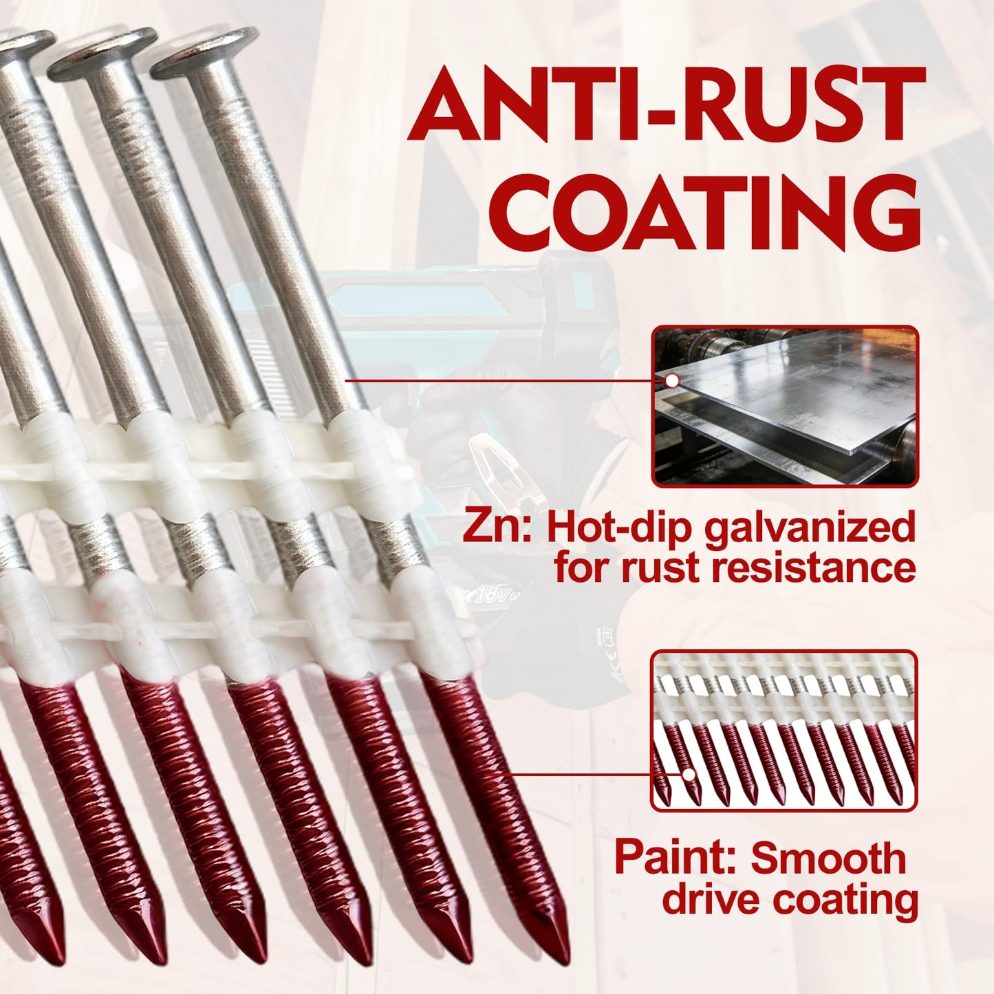 FMhotu 30 Degree Framing Nails 3" x .12" 2000PCS Ring Shank Plastic Collated Nails for 30-35 Degree Framing Nailer Gun, Hot Dipped Galvanized Full Round Head Framing Nails for Decking Sheathing