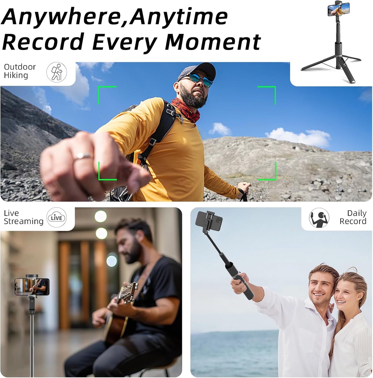 KINGJOY 61" Selfie Stick Tripod with Bluetooth Remote, Heavy Duty Aluminum Extendable Vlogging Stand with Metal Base