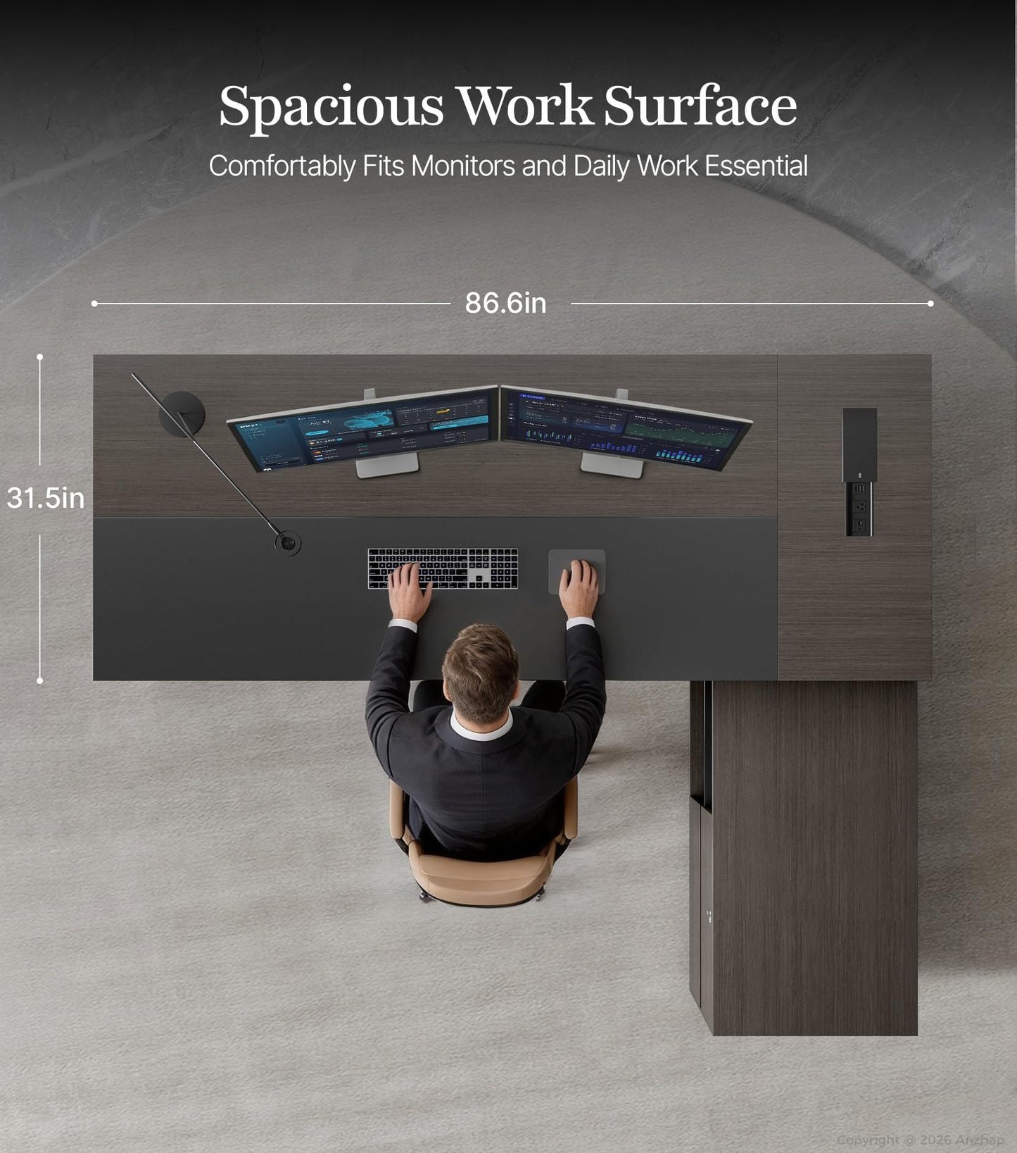 87" Reversible L-Shaped Executive Desk with Drawers, Modern Large Office Desk with Open Shelves, Ventilated CPU Compartment, Built-in Outlet & USB Ports – Home Office Desk (87"L x 69"W x 30"H)