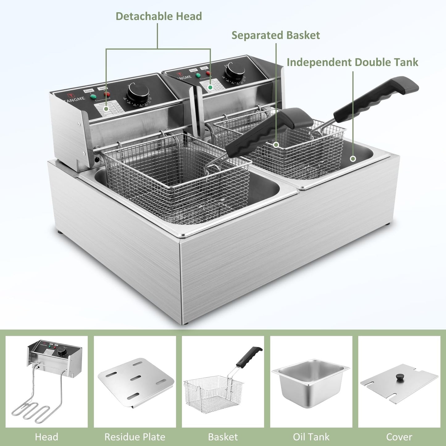 Commercial Deep Fryer, 3400W Electric Deep Fryers with 2x6.35QT Baskets Thickened Stainless Steel Countertop Oil Fryer 20.7QT Large Capacity with Lids Temperature Controller (12L)