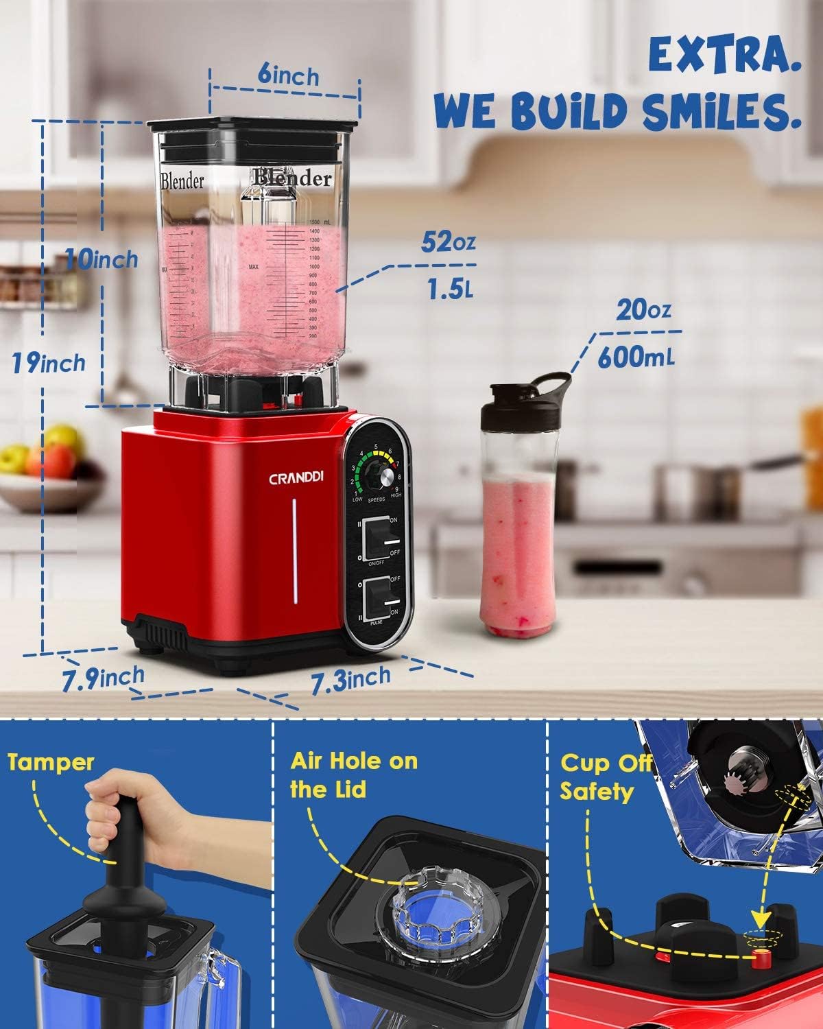 CRANDDI Smoothie Blender 52oz, 1800 Watt commercial blender, professional blenders, Stainless Steel Blade 9 Speed & Self-Cleaning, Build-in Pulse, K98C Red