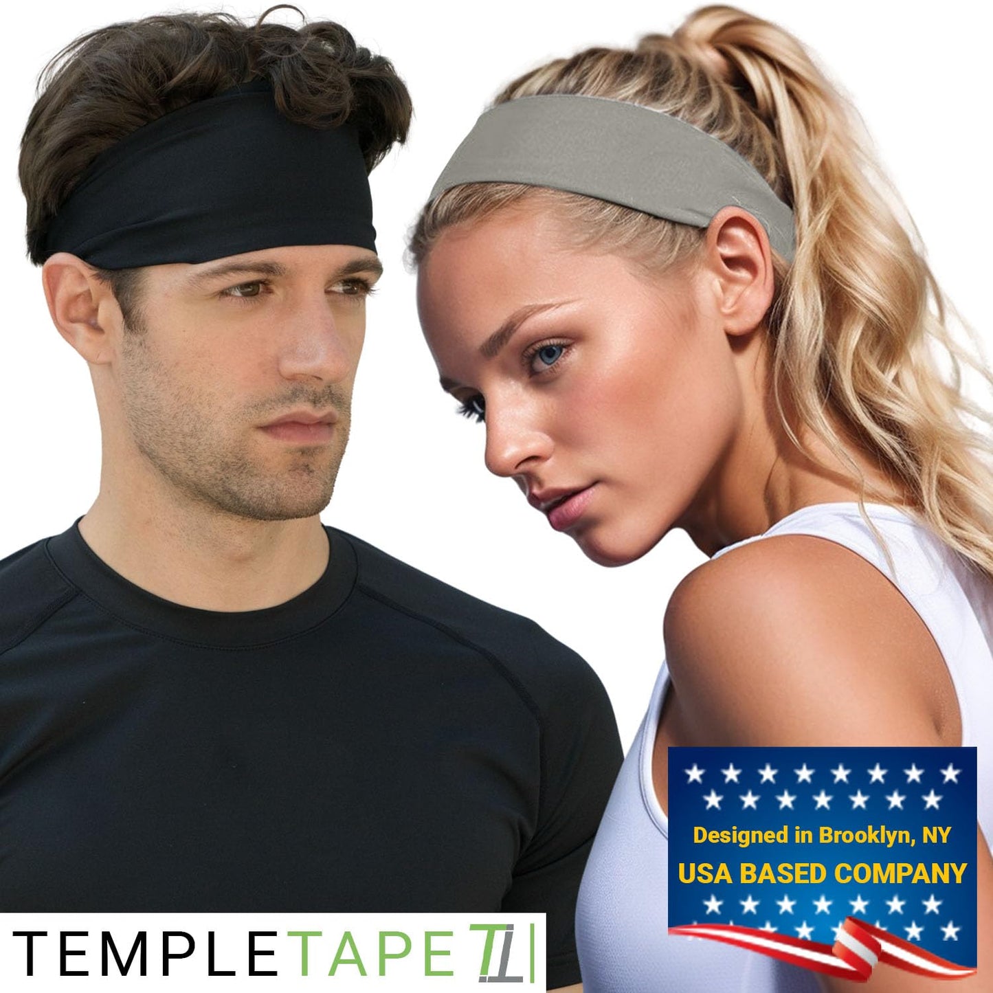 Temple Tape, Value 2-Pack, Mens Headband - Guys Sports Headbands Moisture Wicking Workout Sweatbands for Running, Cross Training, Skiing and Bike Helmet Friendly - 1-Black & 1-Gray Sweatband