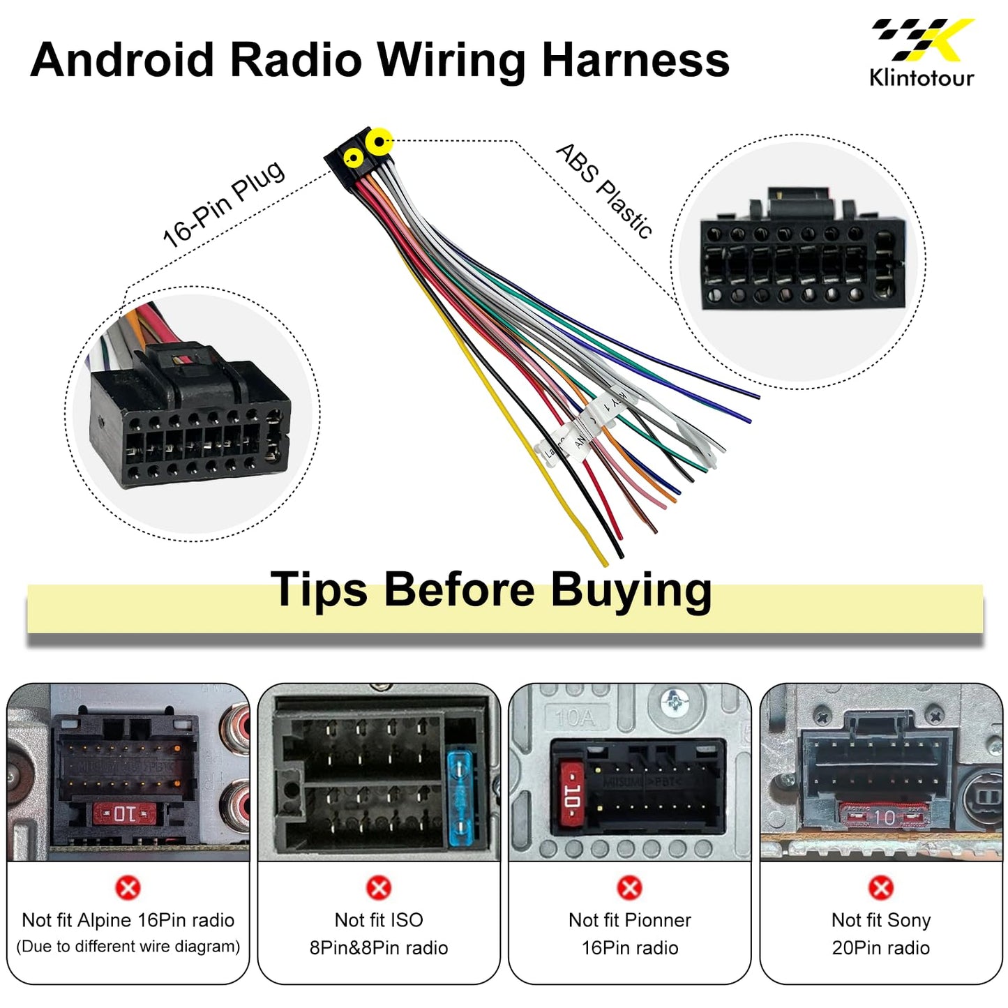 16-Pin Kit(6PCS) 10-Pin/20-Pin 4-Pin/6-Pin Aftermarket Radio Backup Camera RCA Harness Adapter, Car Stereo Wiring