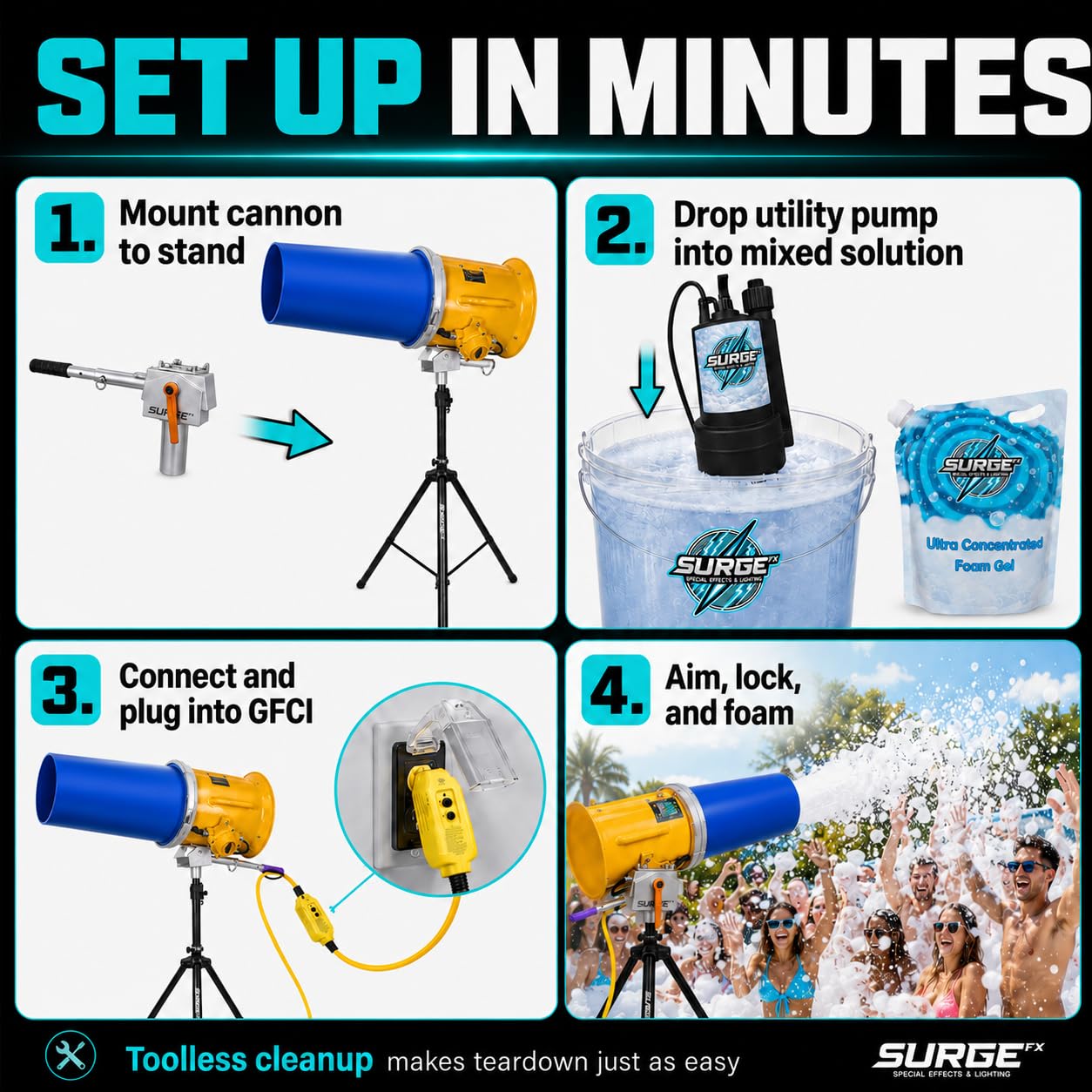 SurgeFX Foam Blaster Maxx v2 Foam Cannon Machine, 550W High-Velocity Professional Foam Party Machine with 360° Rotation, 3-7 ft Telescopic Stand, Toolless Cleaning for Events & Rentals