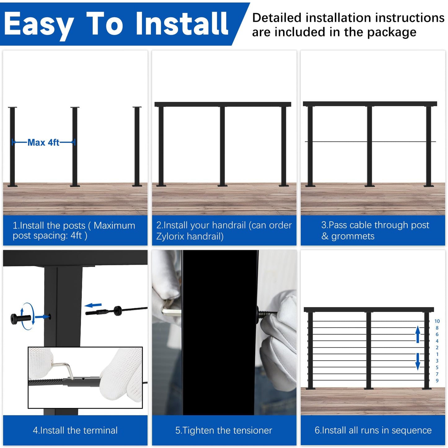 Zylorix Modular Swageless 8-20FT Complete Set 36" Cable Railing Post Kit, 3Pack Black Level Drilled Line Posts(35"x2"x2"), Patent Reusable Deck Cable Railing System Kit, 1/10" Wire Rope(No Handrail)