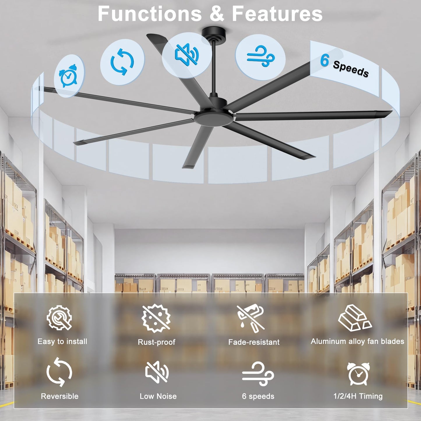 Ohniyou 96'' Ceiling Fan No Light, Black Industrial Ceiling Fan with Remote/APP, 7 Aluminum Blades, 17500 CFM DC Motor for Shop, Warehouse, Gym, Garage, Patios