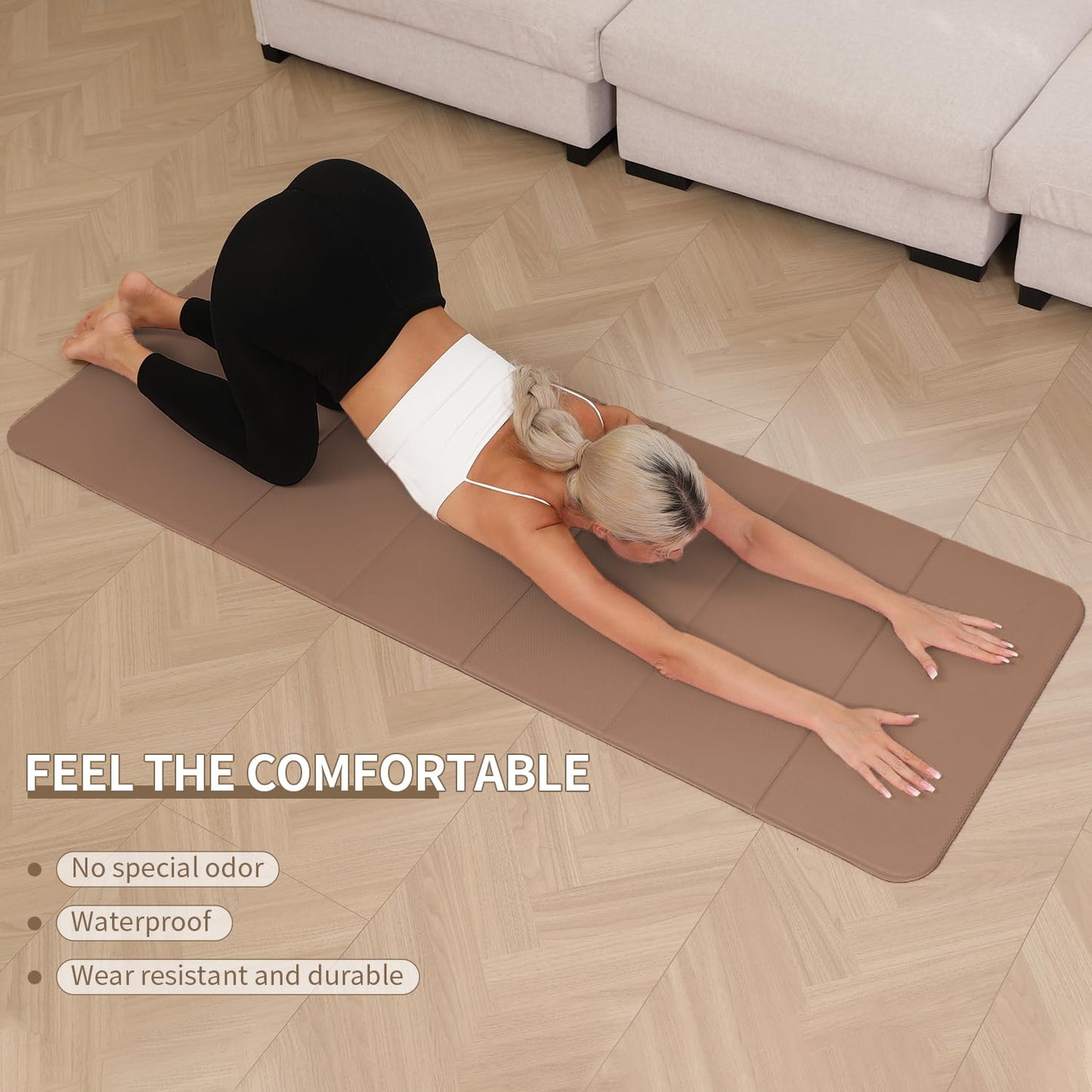 PAIDU Foldable Yoga Mat - 10mm Extra Thick, 75"26" Non-Slip Exercise Fitness Mat | SGS Eco-Certified, Portable for Yoga/Pilates/Studio/Home Workout (Brown)
