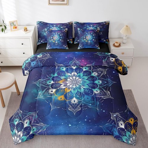 Erosebridal Exotic Flowers Bedding King Size 7pcs, Vintage Bohemian Style Lightweight Kids Teens Bed Set, Boho Galaxy Printed Bedding Sets & Collections Bed in a Bag, Blue Green Chic Bed Sheets Set