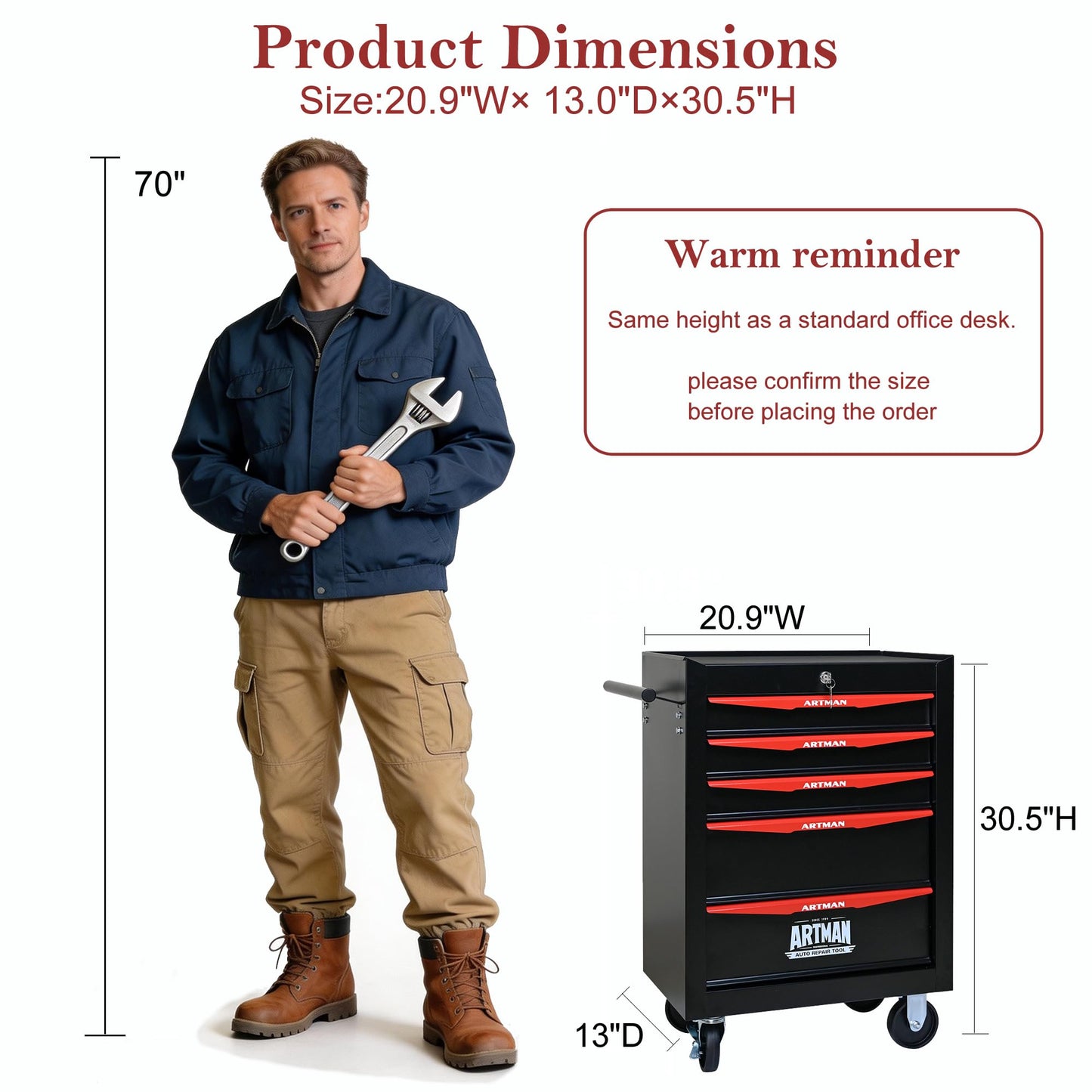 RYH 5 Drawers Rolling Tool Chest - Heavy Duty Mobile Tool Cart with Locking Wheels & Ball Bearing Drawers 30.5" H x 20.9" W x 13" D, Garage Tool Storage Cabinet (Black, 5 Drawers)