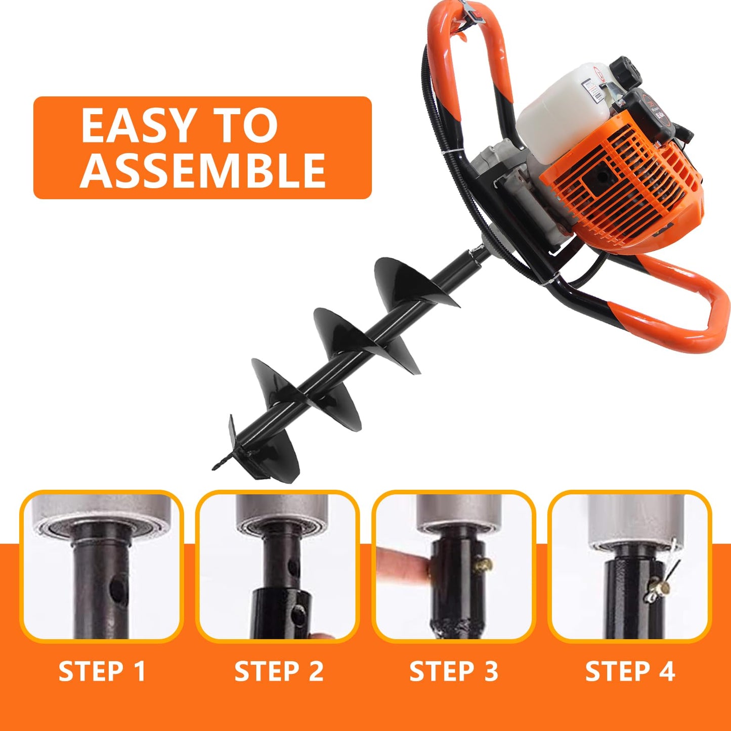 72CC Auger Post Hole Digger, 2 Stroke Gas Powered Earth Post Hole Digger with 3 Auger Drill Bits(4" & 6" & 12") + 2 Extension Rods for Farm Garden Plant, Orange (72cc+3 Auger(4"6"12")+2 Ext)