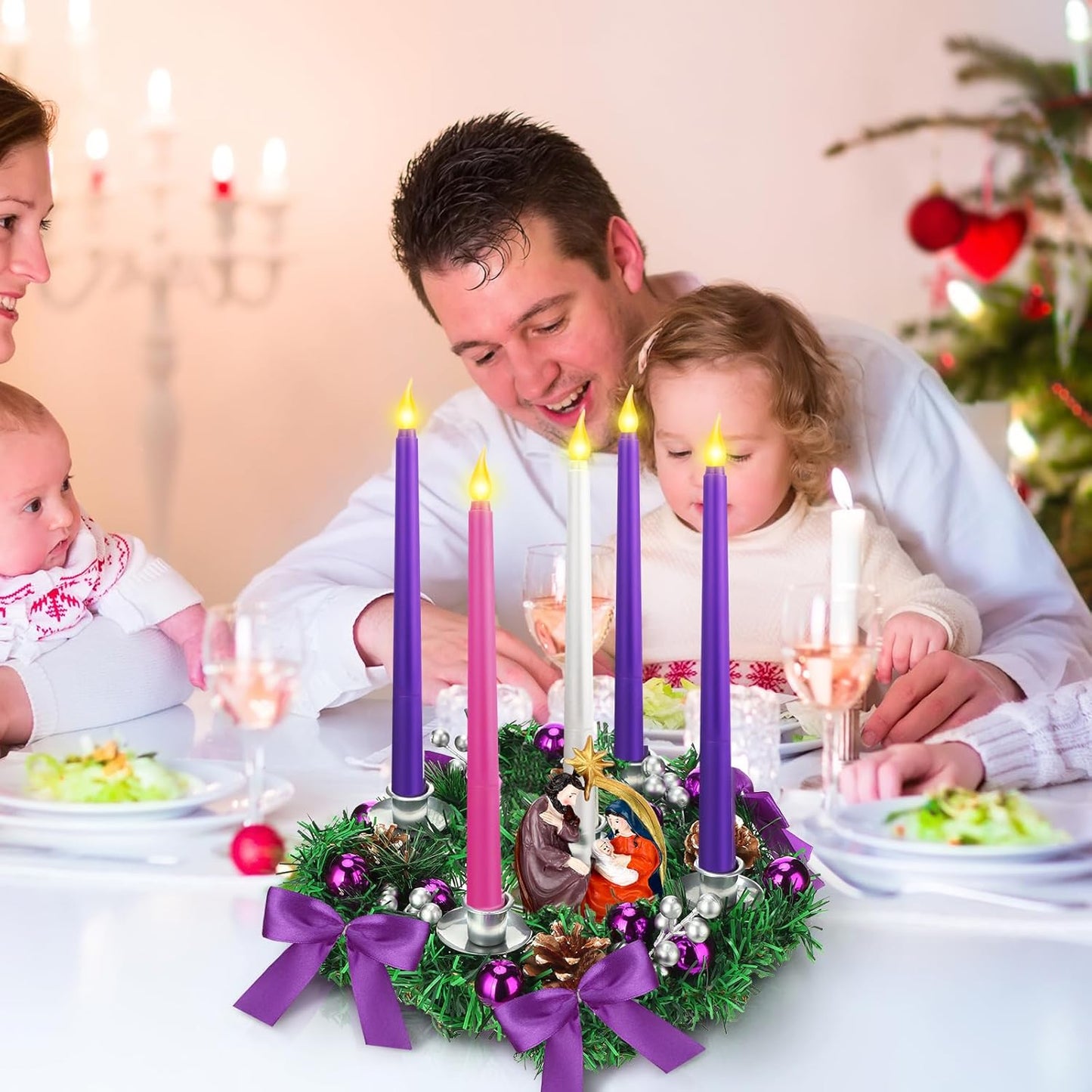Tioncy 12-Inch Christmas Advent Wreath - Flameless Candle Holder with Remote Control & Berries Decor