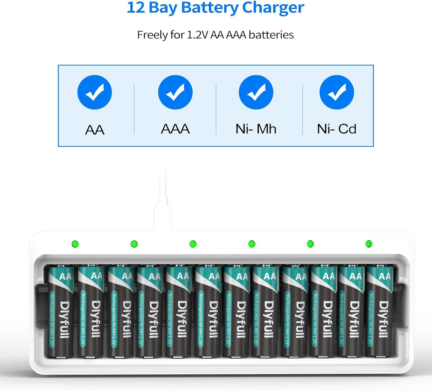 DLYFULL 12 Bay AA AAA Battery Charger, USB and Type-C Selectable High-Speeding Charging for Ni-MH Ni-CD Rechargeable