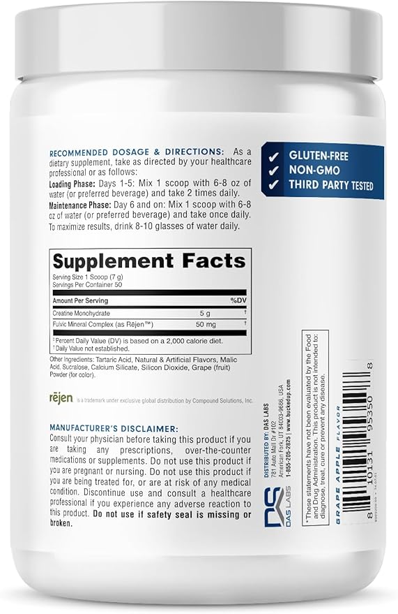 Bucked Up Grape Apple Creatine for Women and Men - Easy to Mix Vegetarian - Flavored Creatine Monohydrate Powder - Made in USA - 5G Per Serving - 50 Servings - 250 Grams Per Container