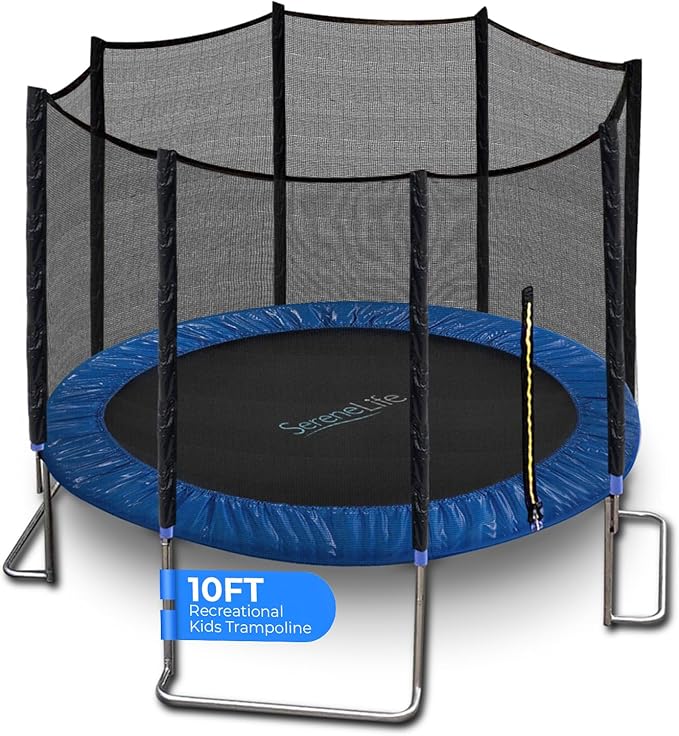 SereneLife 10FT Trampoline Outdoor – Heavy-Duty Backyard Trampoline for Kids and Adults with Wide Jumping Surface, Stable L-Shaped Legs, Safety Net, ASTM Approved, Supports 264 lbs., 120 x 100 IN