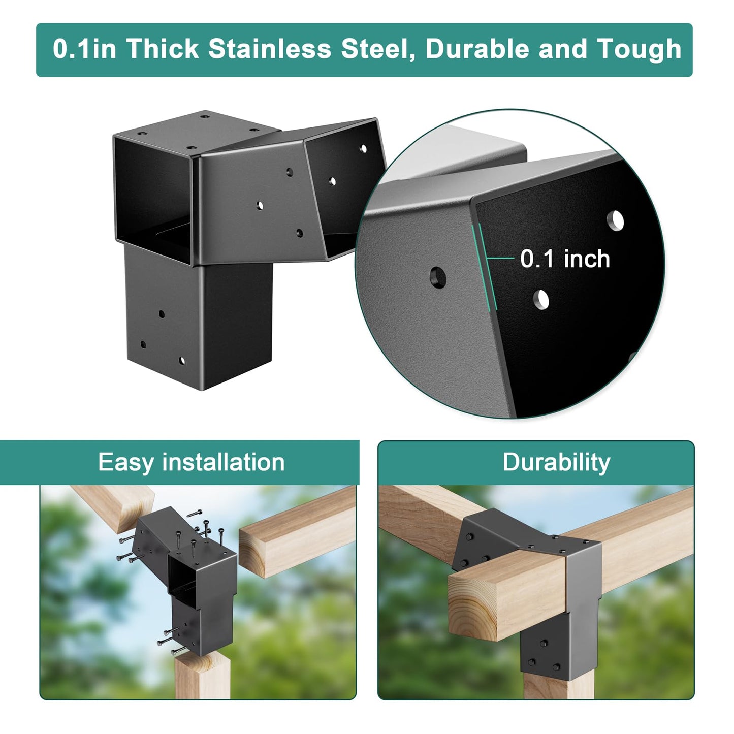 Antsky 2 Pack Stainless Steel 15° Slanted roof pergola Bracket, firewood Sheds roof kit (3-Way End Corner), black