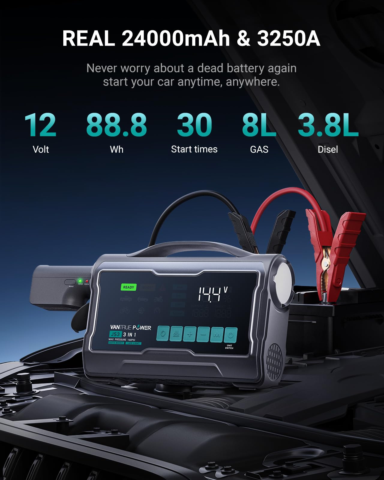 VANTRUE POWER JS3 Real 3250A Jump Starter with Air Compressor 160PSI, 12V Car Battery Booster with 9" Large Display, Jump Box with Light, 65W Fast Charging Power Bank, 8.0L Gas/3.8L Diesel Engines