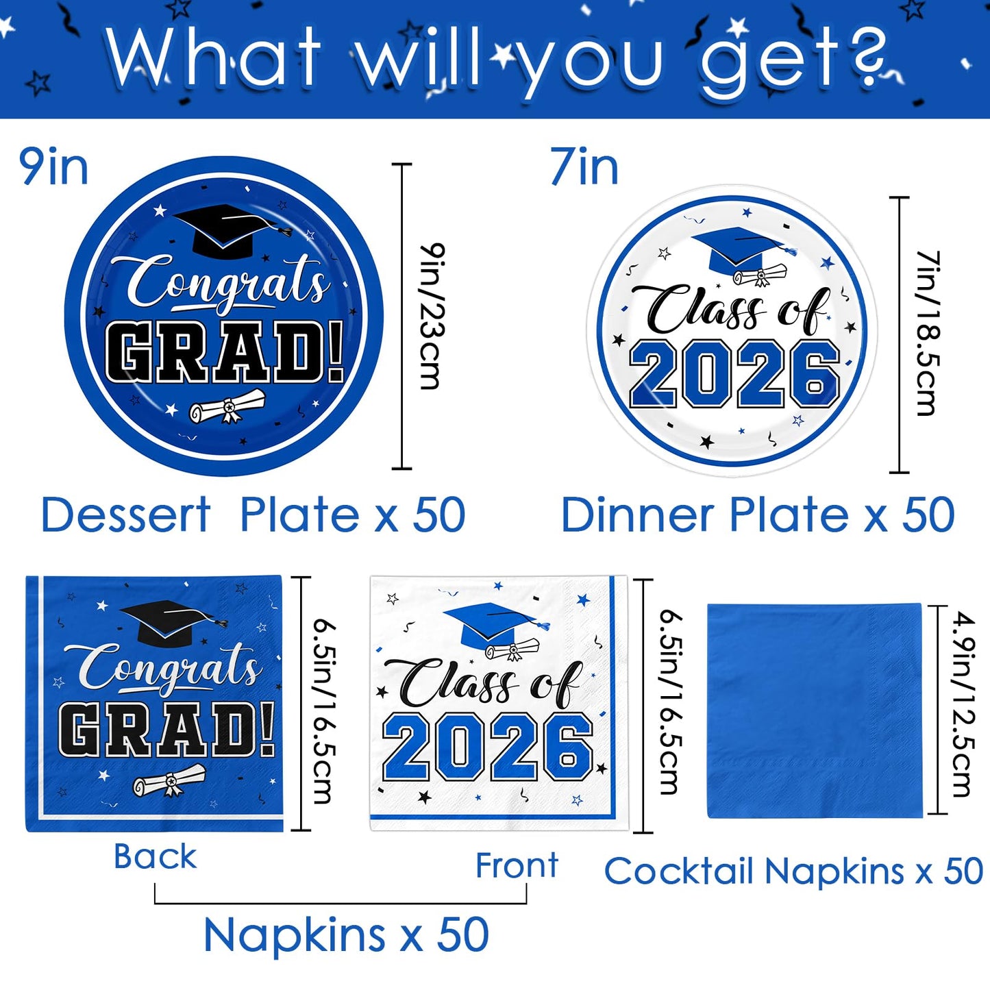 Graduation Party Plates and Napkins Blue Class of 2026 Grad Congrats Party Supplies Disposable Dessert Paper Plates Cocktail Napkins forGraduation Party Decorations,Serve 50