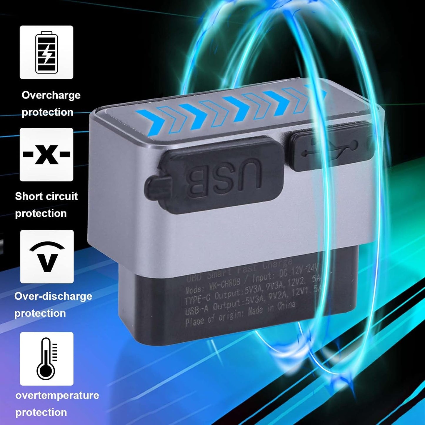 FRCVESNG DC1224V Car OBD Power Adapter, OBD Male to Type-C USB Female Charger OBD Car Charger for Mobile Phones, Dash
