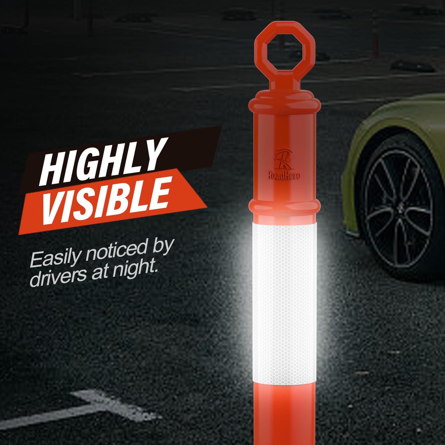 RoadHero 45 Inch Delineator Post with Base, Portable Orange Traffic Delineator Posts Cones with Reflective Collars for Parking Lots, Road Safety, Construction Events 6 Pack