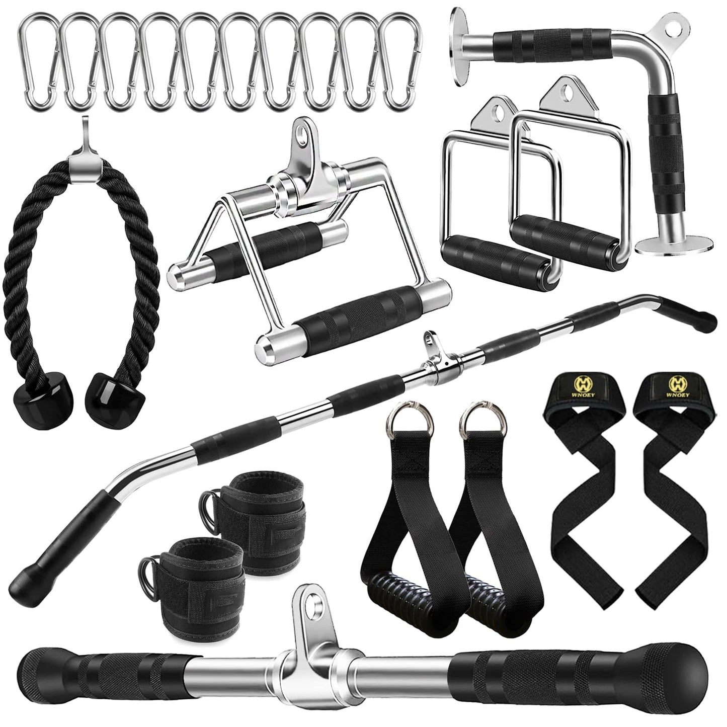 LAT Bar Cable Attachment with Rubber Handgrips, Deluxe Heavy Duty Solid Curl Bar Revolving Hanger Home Gym Cable Attachments (White Set +48 in Lat Bar)