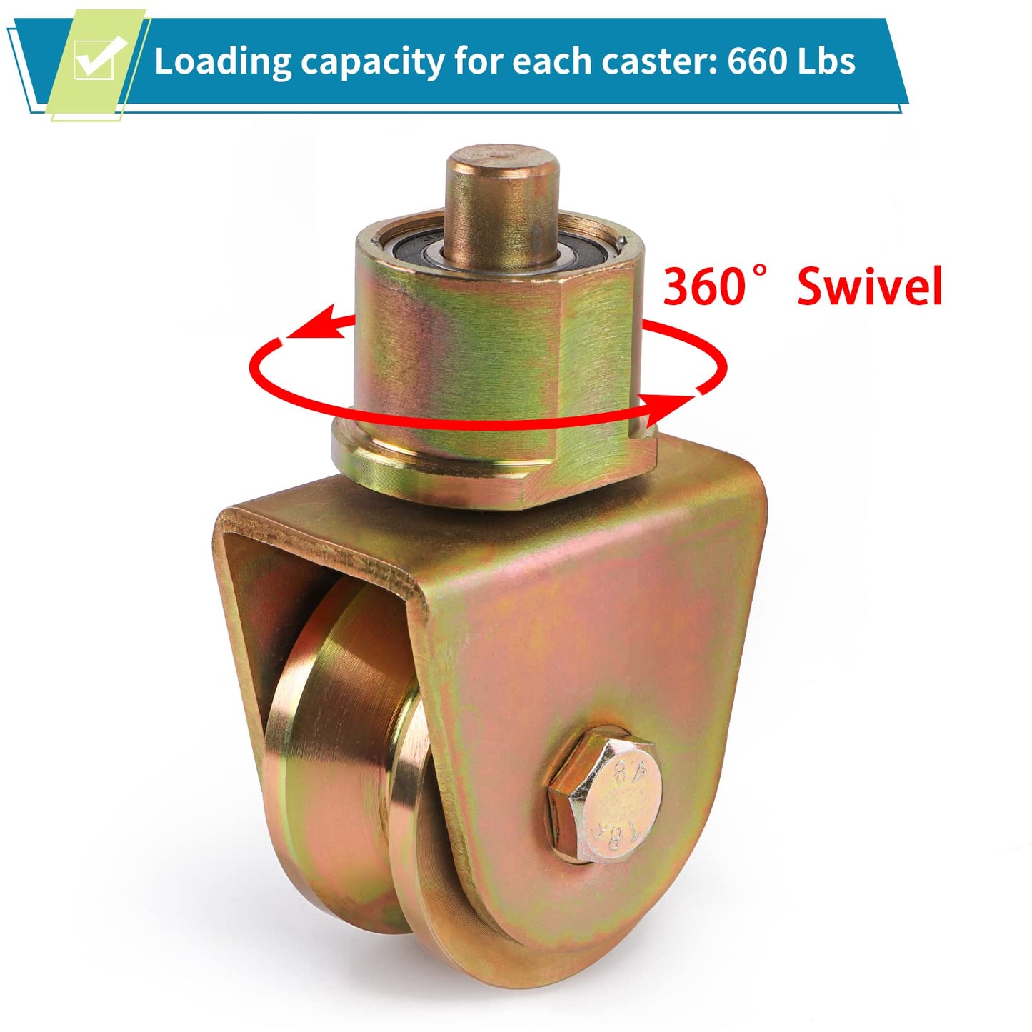 Skelang 4 Pcs Sliding Gate Wheels, 2.5" V Groove Caster with 360-Degree Rotational Stem, Gate Track Roller for Foldable Sliding Gate, Total Load Capacity 2640Lbs